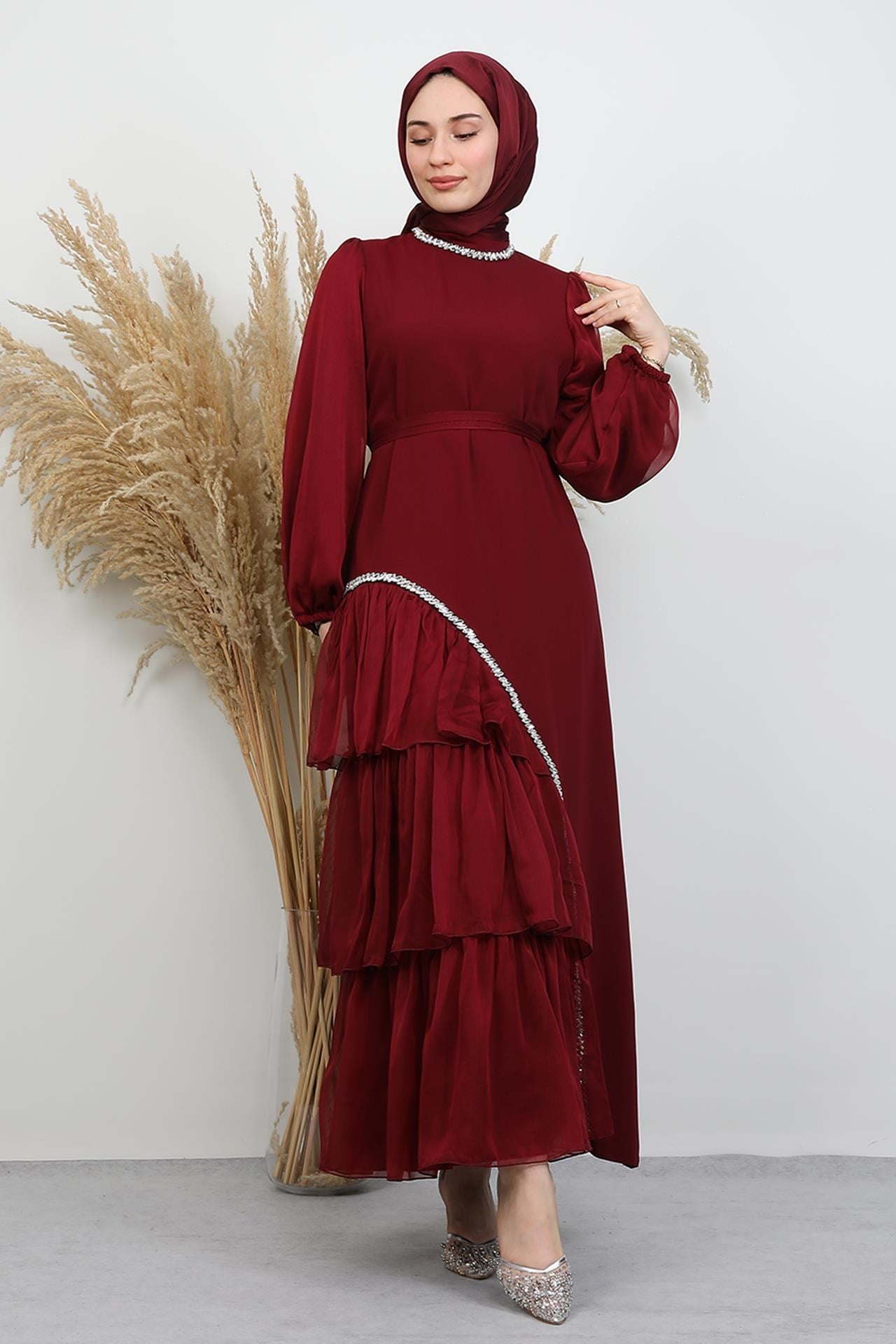 Damla Taş Abiye Bordo