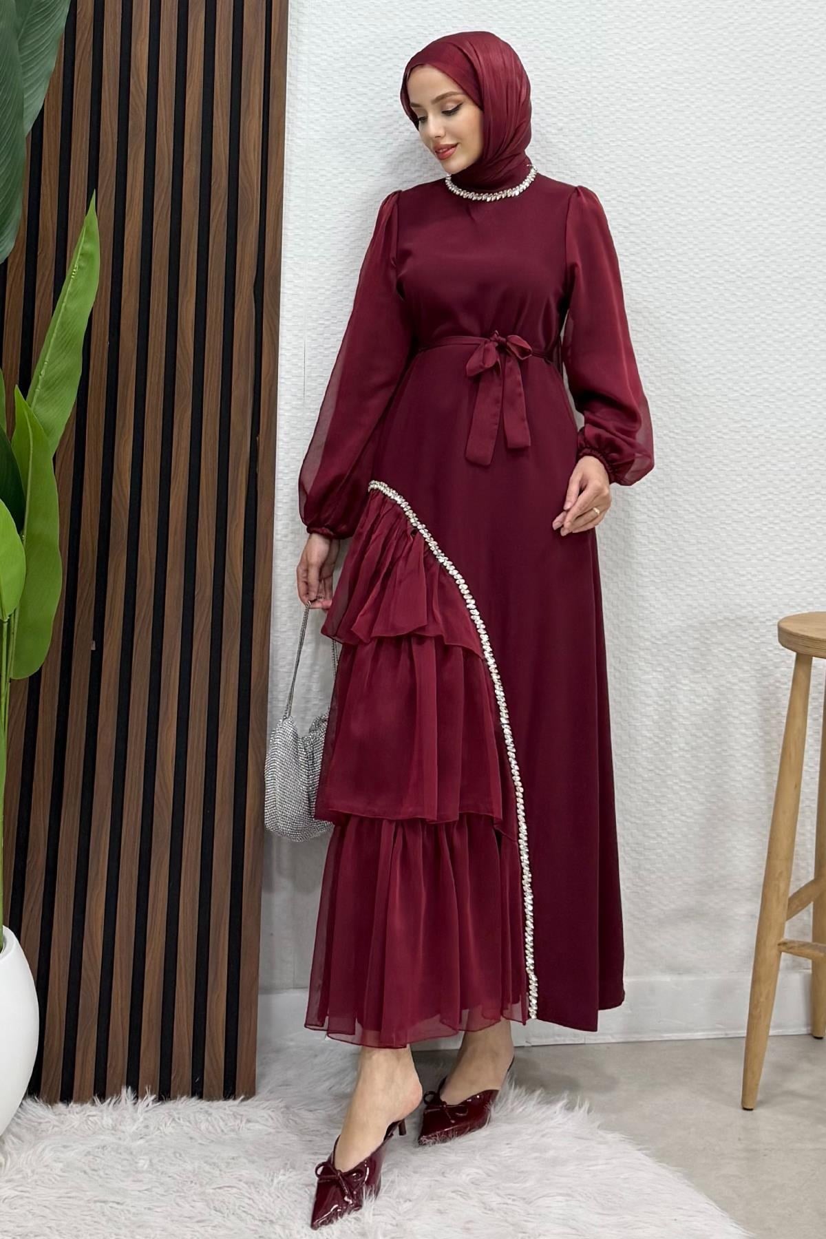 Damla Taş Abiye Bordo