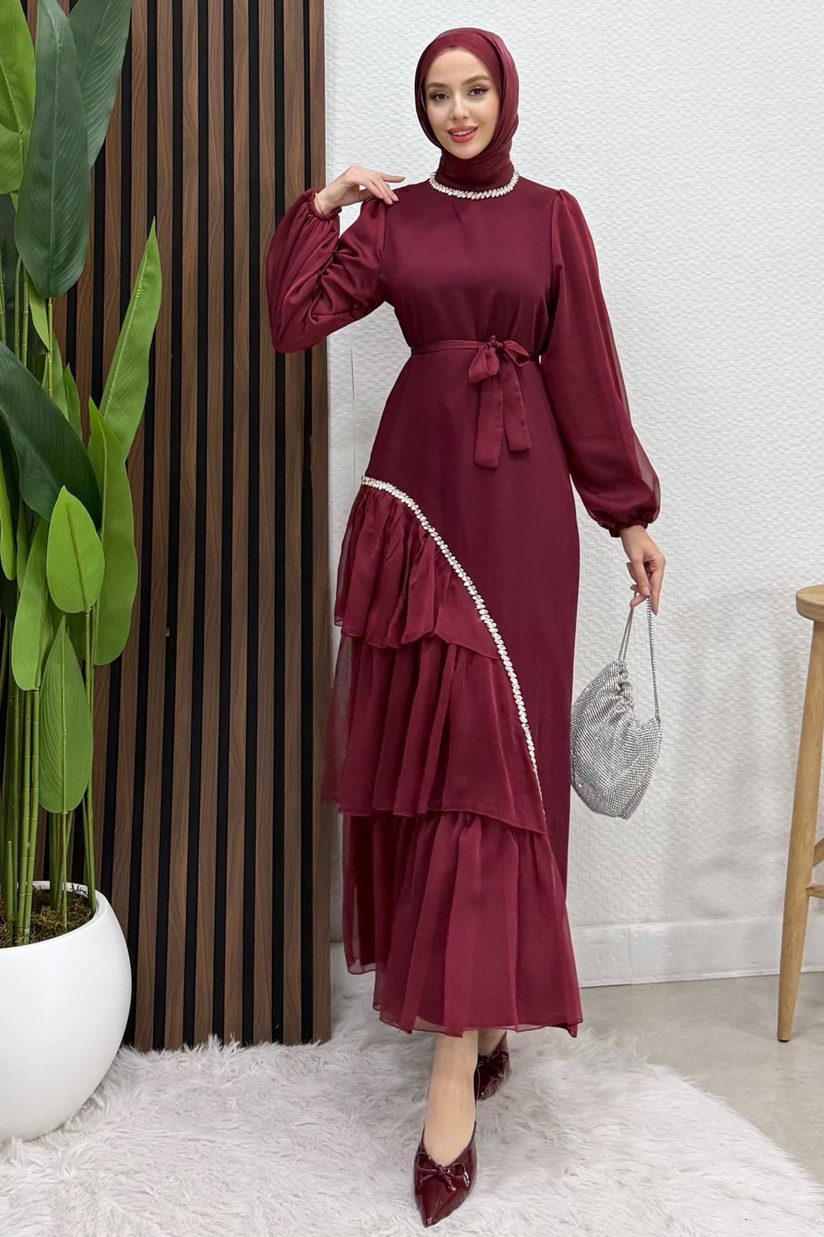 Damla Taş Abiye Bordo