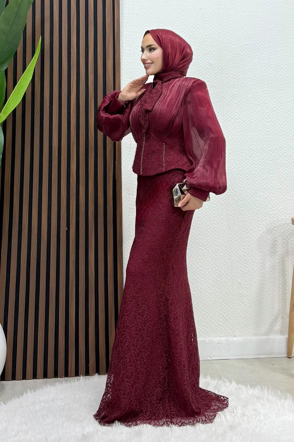 Dantel Balık Abiye Bordo