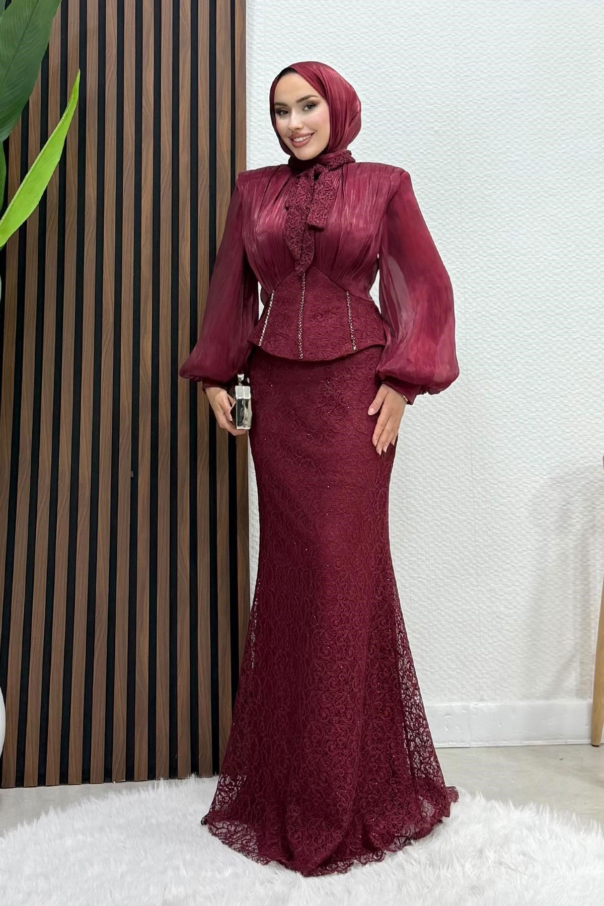 Dantel Balık Abiye Bordo