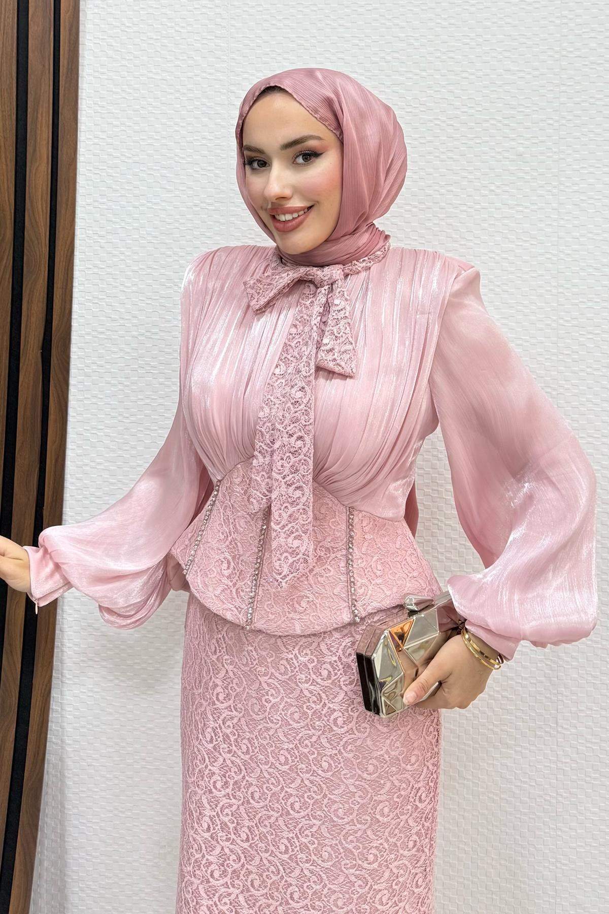 Dantel Balık Abiye Soft Pembe