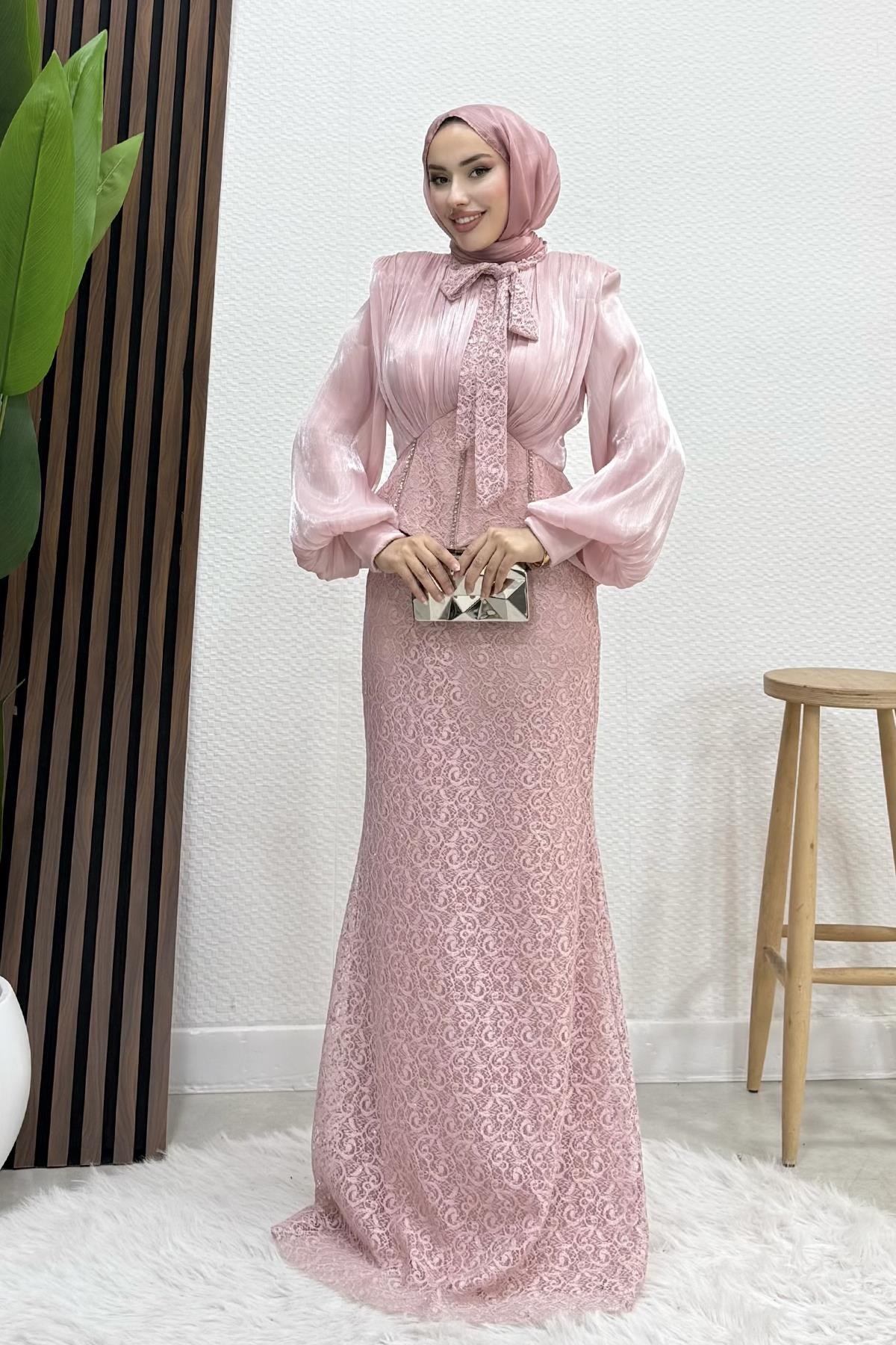 Dantel Balık Abiye Soft Pembe
