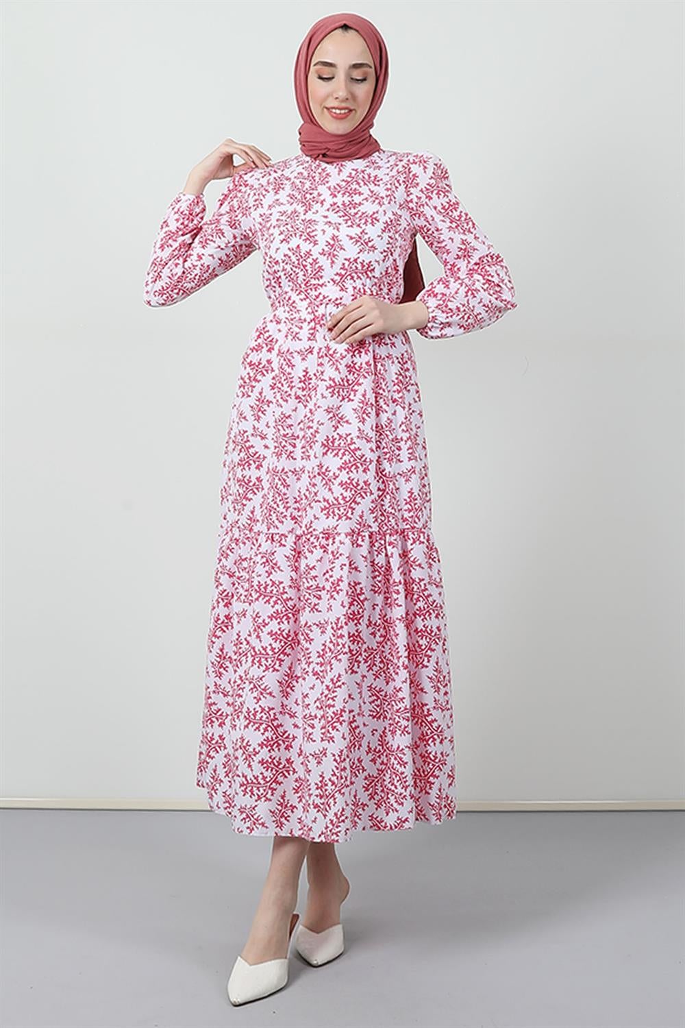 Desenli Koton Elbise Pembe