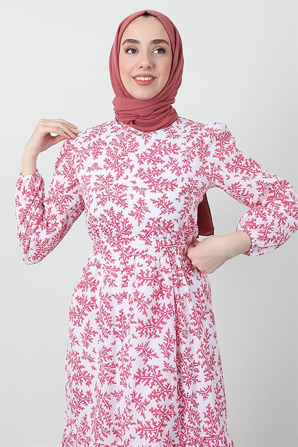 Desenli Koton Elbise Pembe