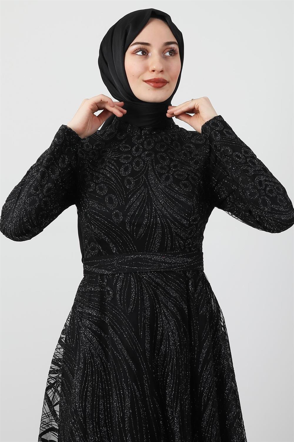 Desenli Simli Abiye Siyah