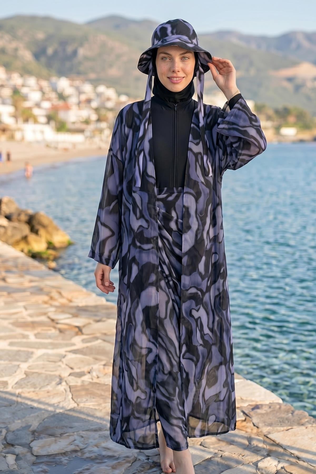 Desenli Uzun Pareo Koyu Lila