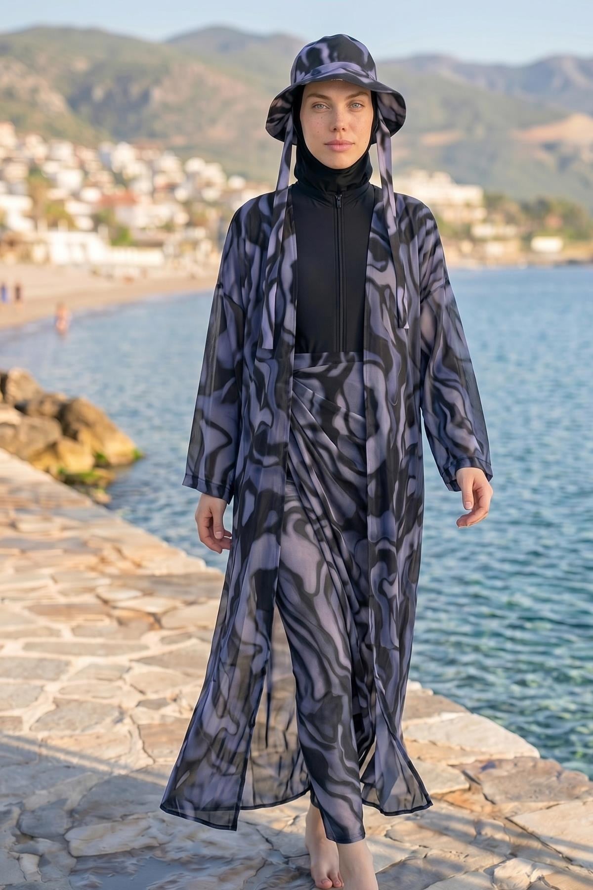 Desenli Uzun Pareo Koyu Lila