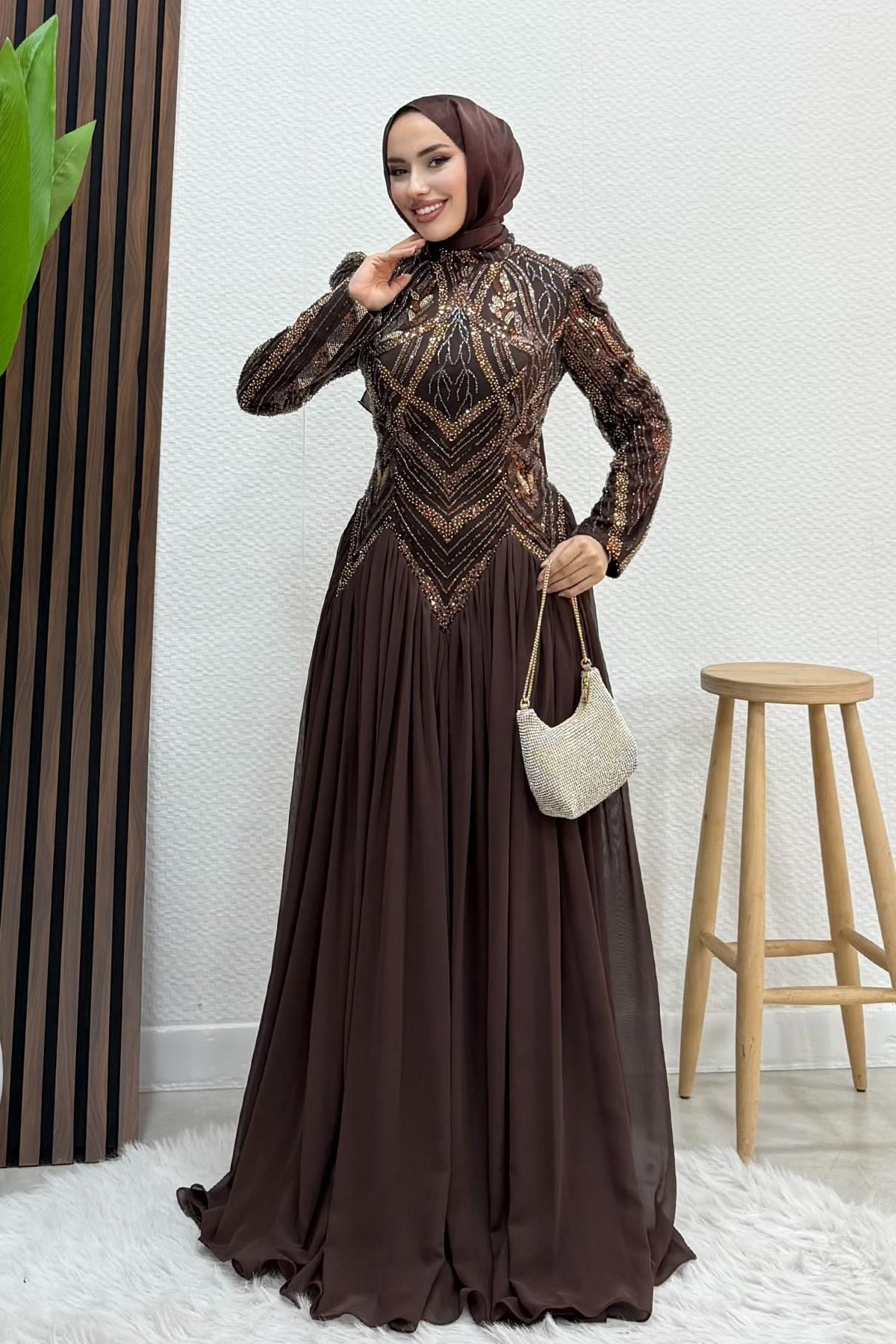 Dilşah Boncuk İşleme Abiye Acı Kahve