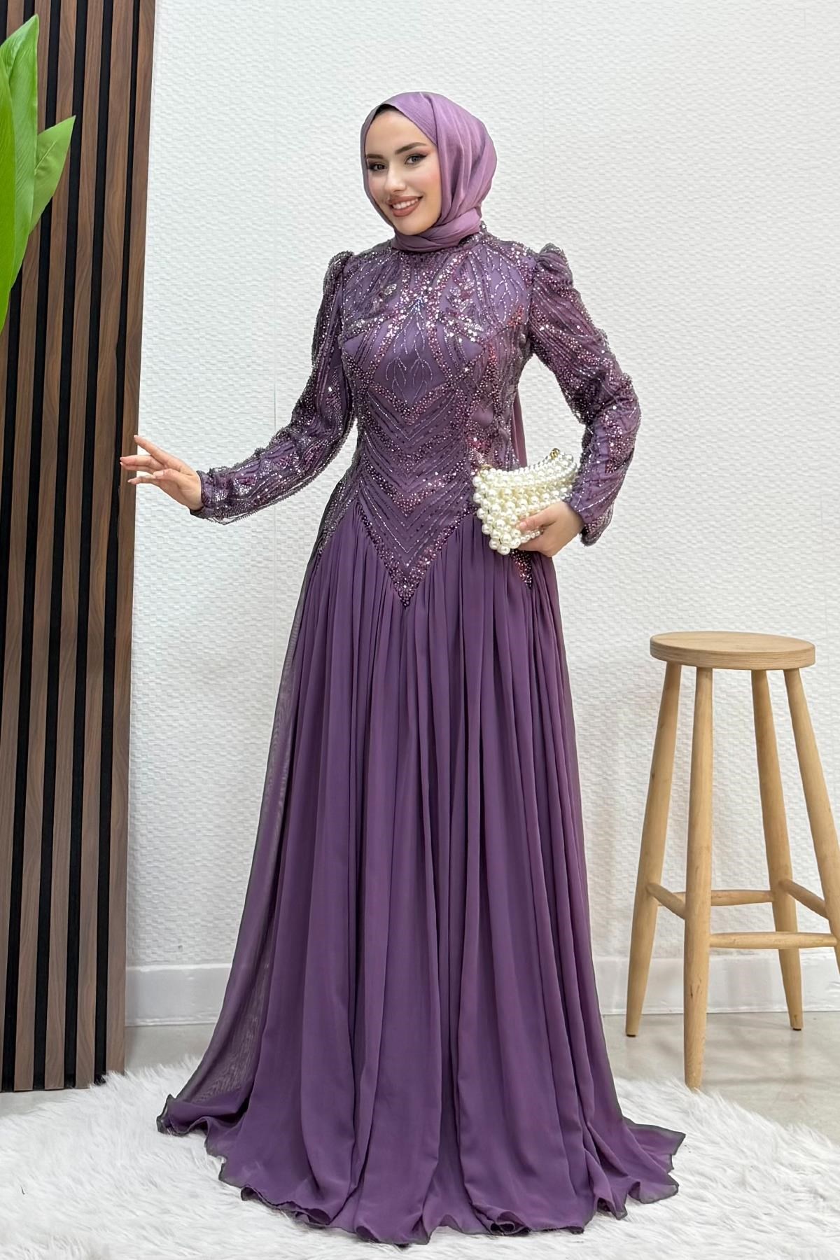 Dilşah Boncuk İşleme Abiye Koyu Lila