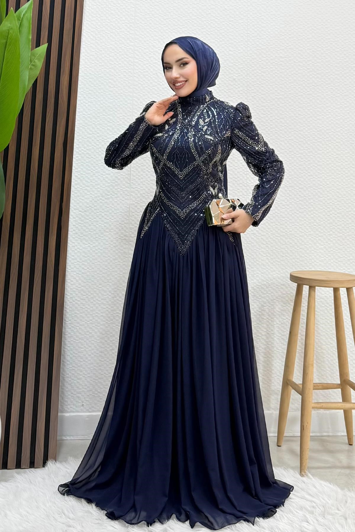 Dilşah Boncuk İşleme Abiye Lacivert