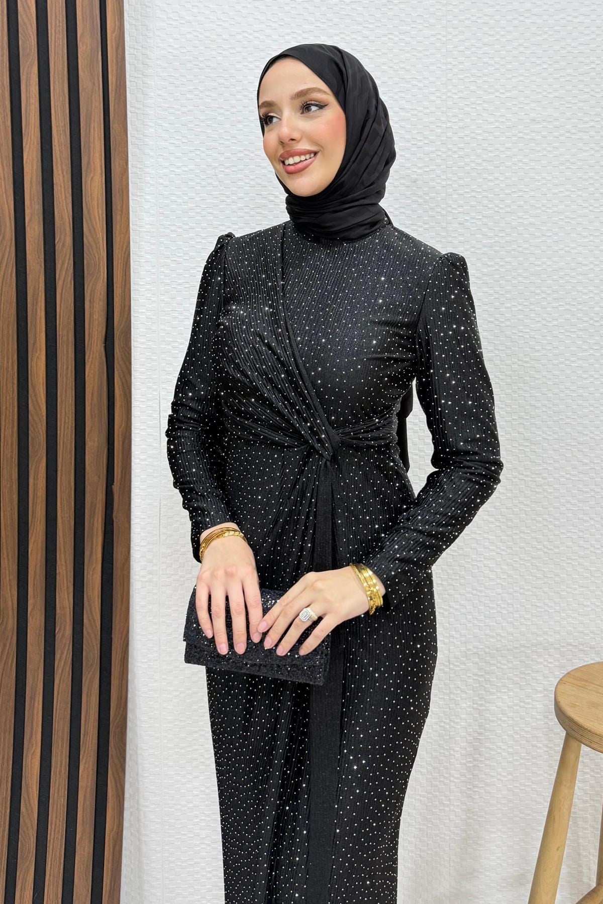 Düğüm Detay Taşlı Abiye Siyah