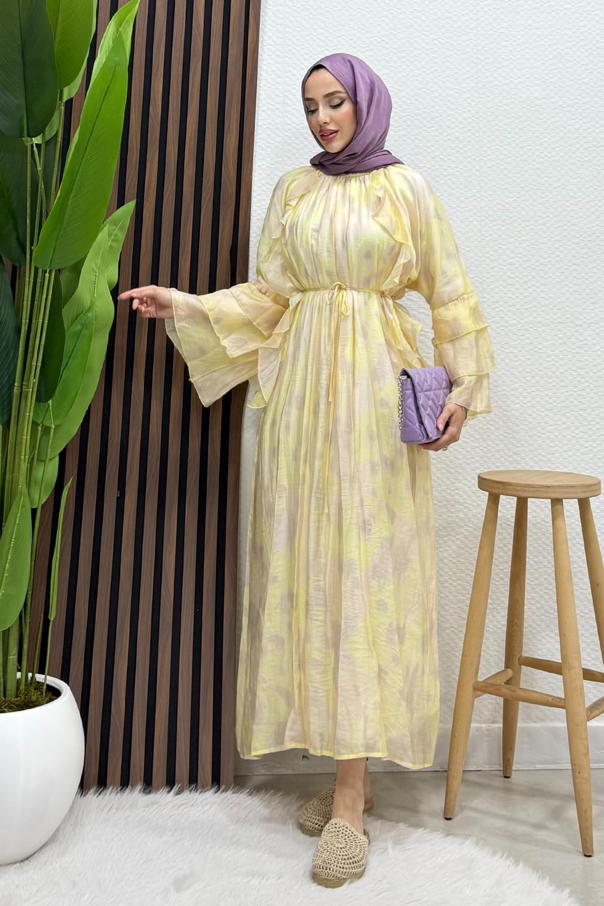 Ebruli Tül Elbise Soft Sarı