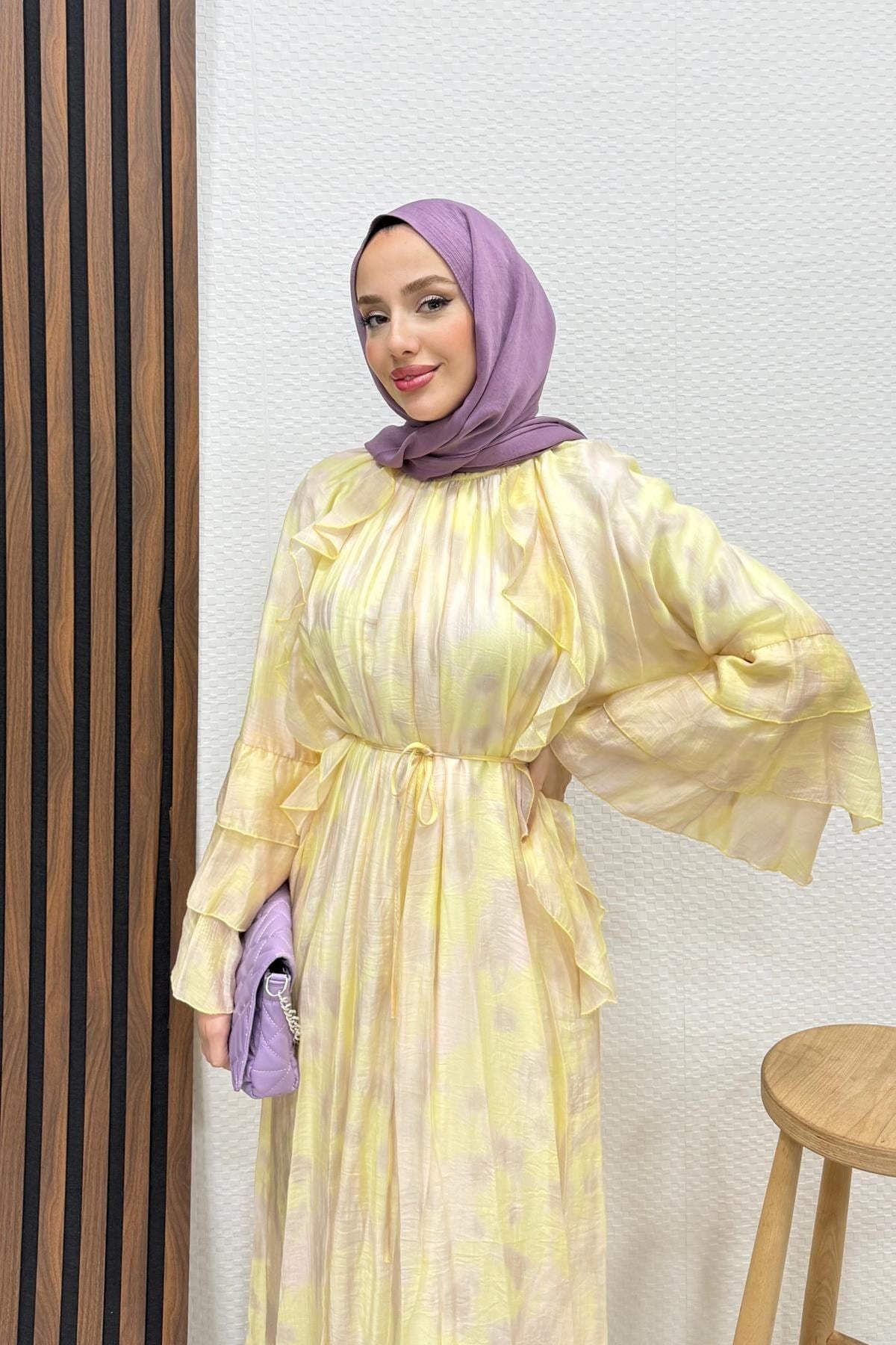 Ebruli Tül Elbise Soft Sarı