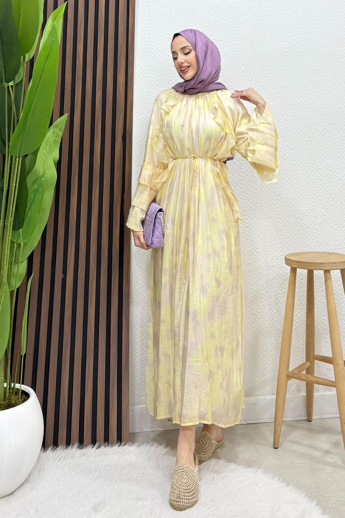 Ebruli Tül Elbise Soft Sarı