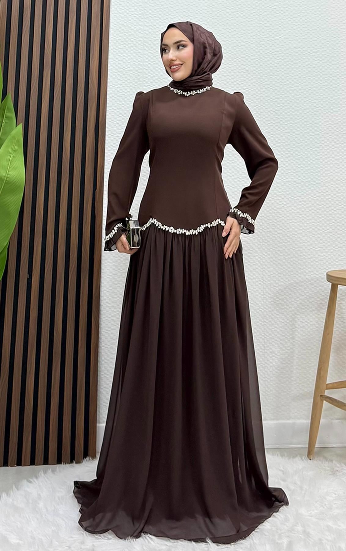 Eftalya Sırt Detay Abiye Acı Kahve