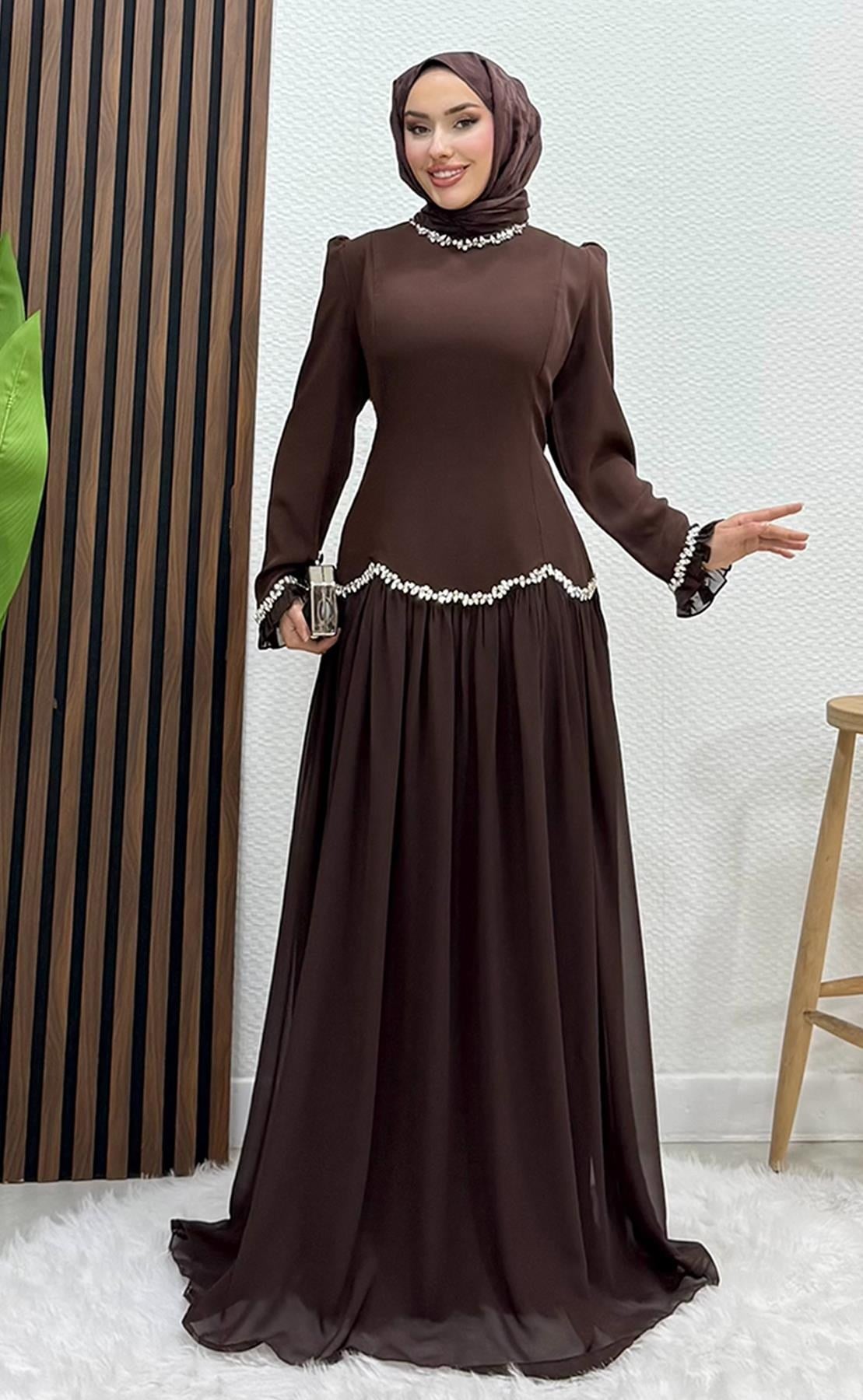 Eftalya Sırt Detay Abiye Acı Kahve