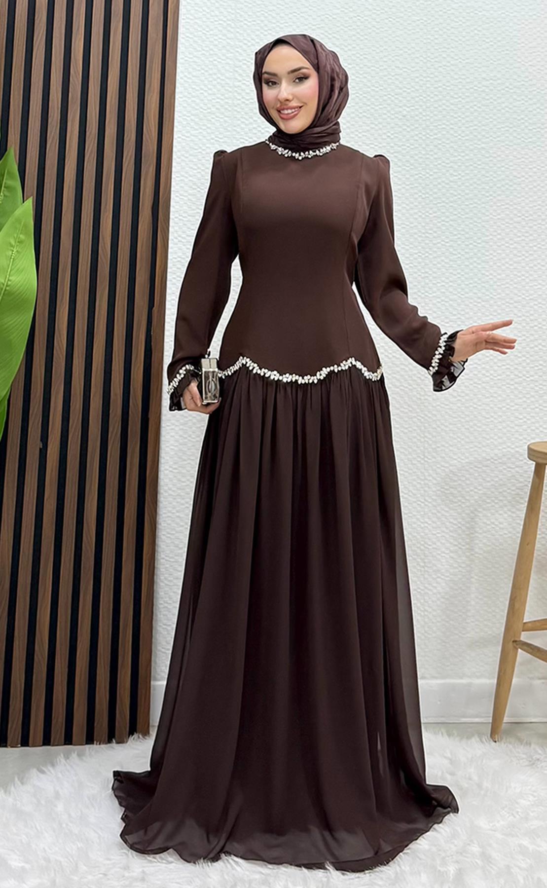 Eftalya Sırt Detay Abiye Acı Kahve