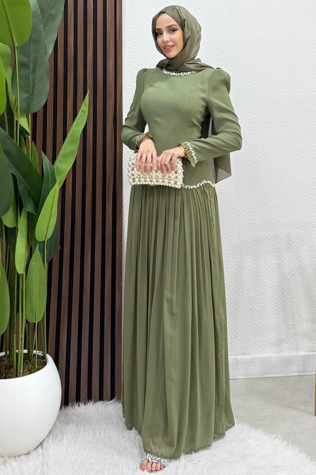 Eftalya Sırt Detay Abiye Soft Yeşil