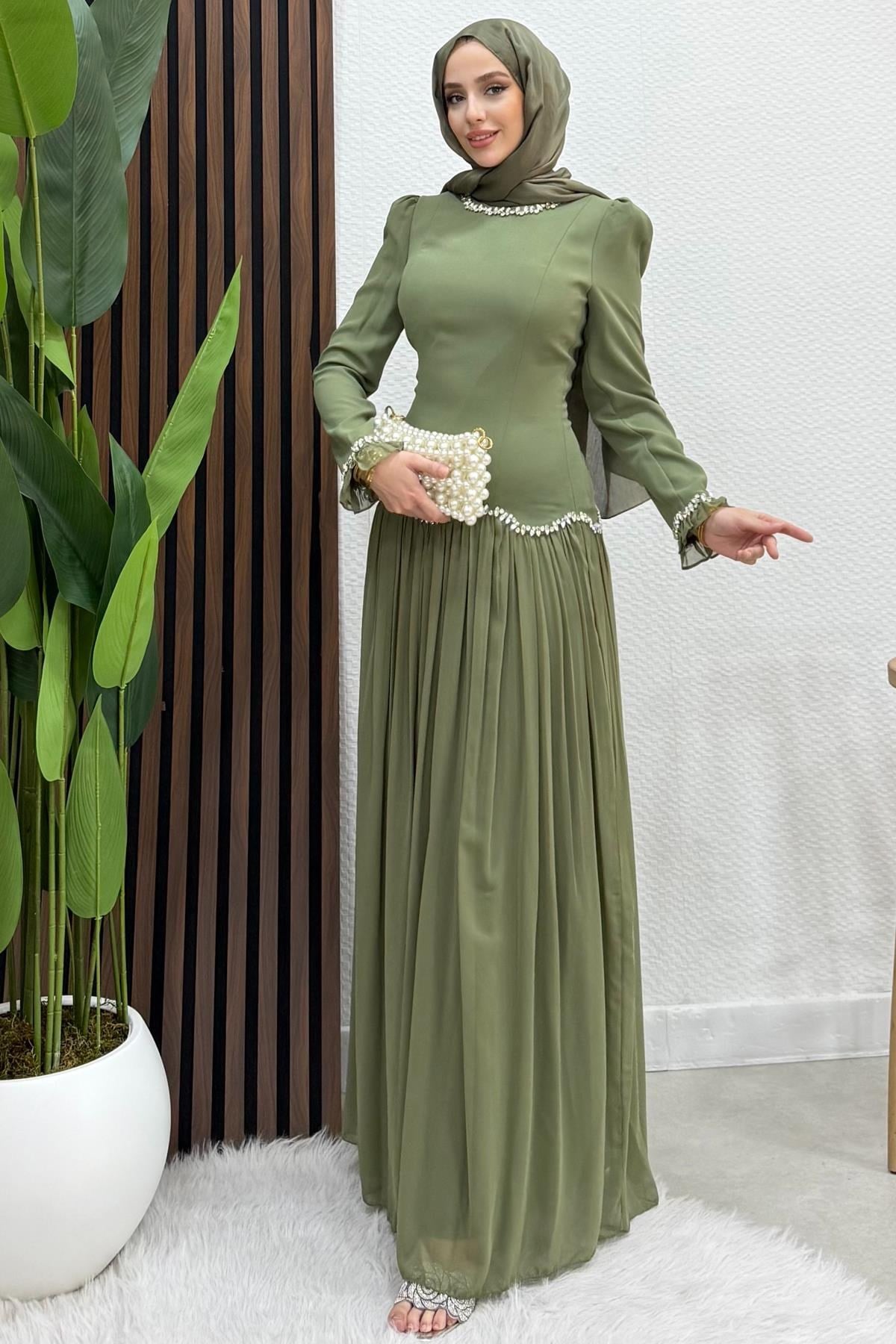 Eftalya Sırt Detay Abiye Soft Yeşil