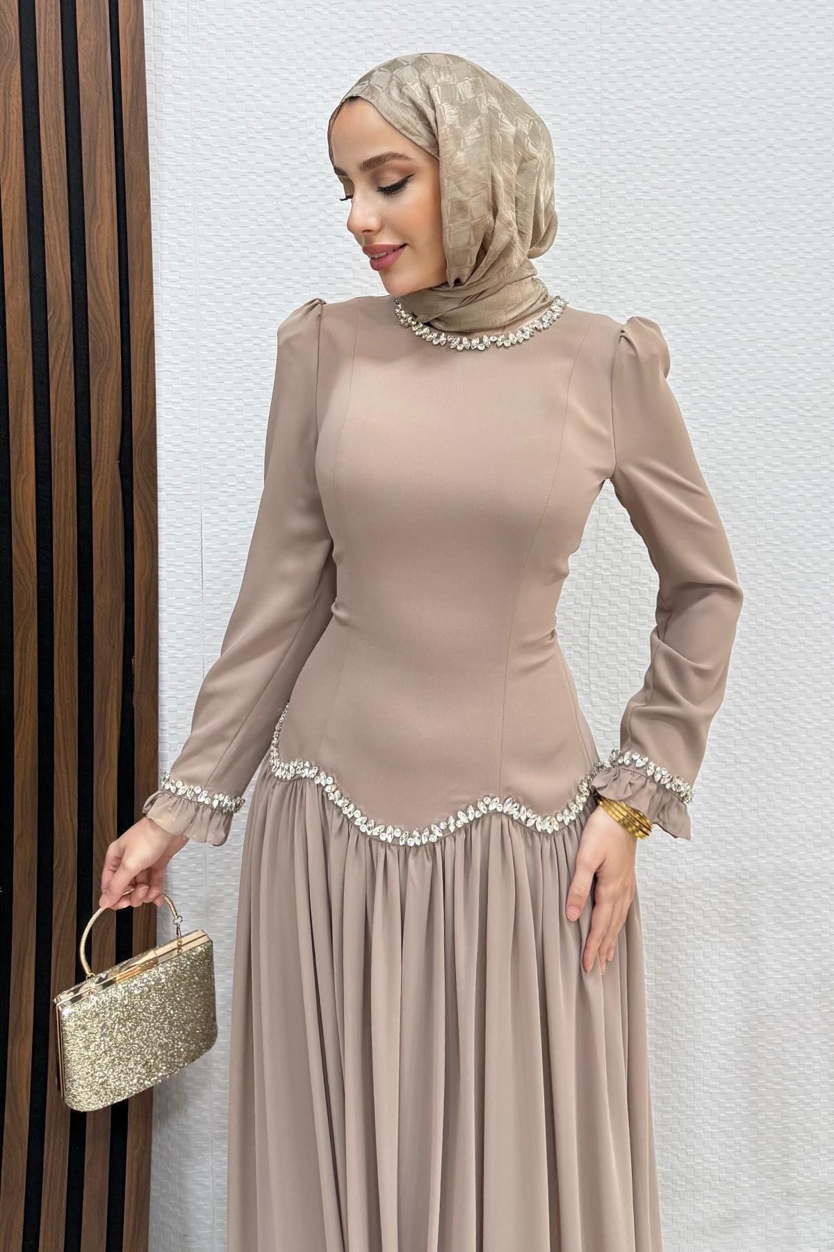 Eftalya Sırt Detay Abiye Vizon