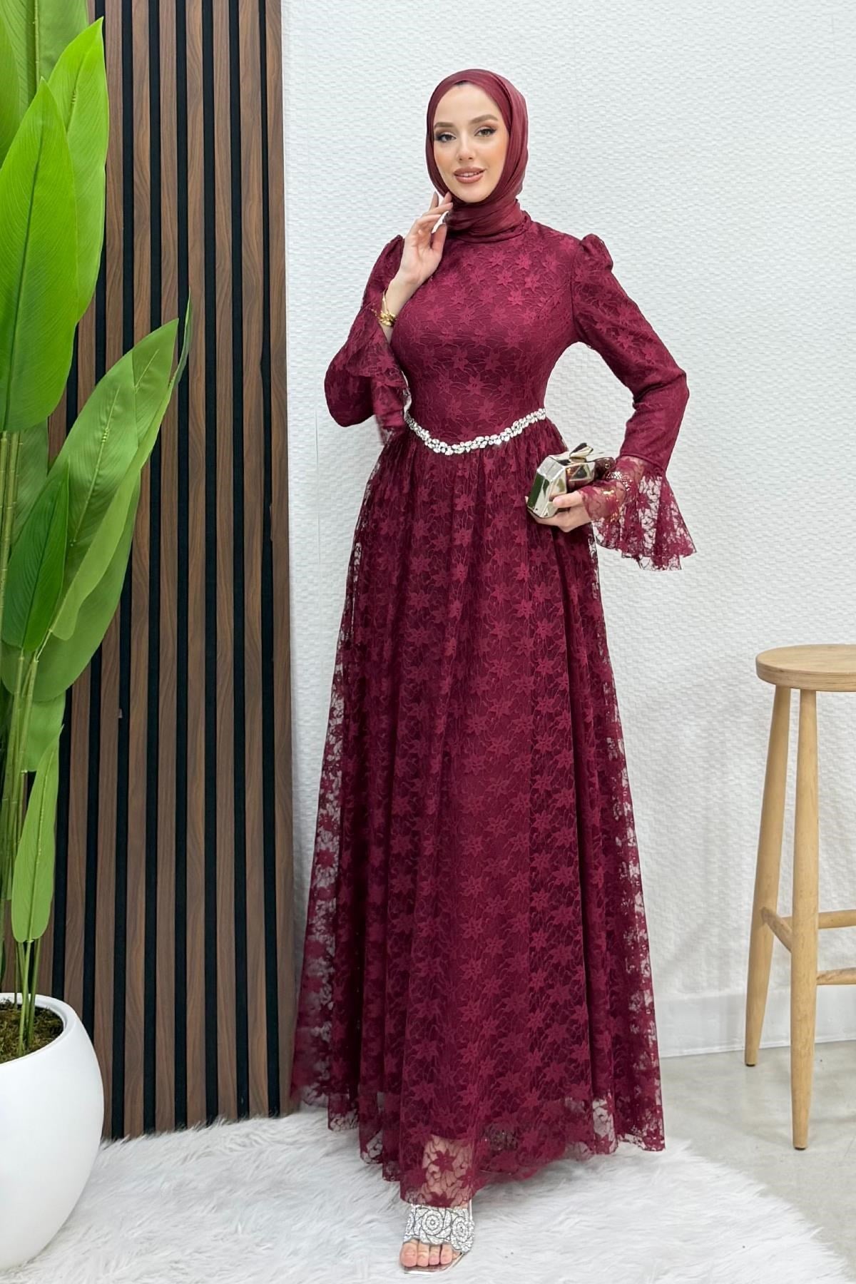 Ella Tül Abiye Bordo