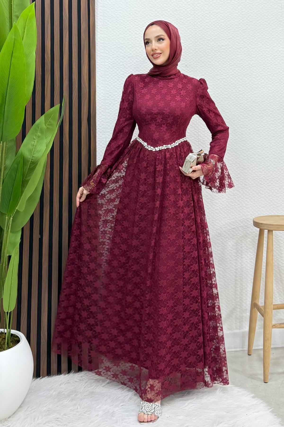 Ella Tül Abiye Bordo