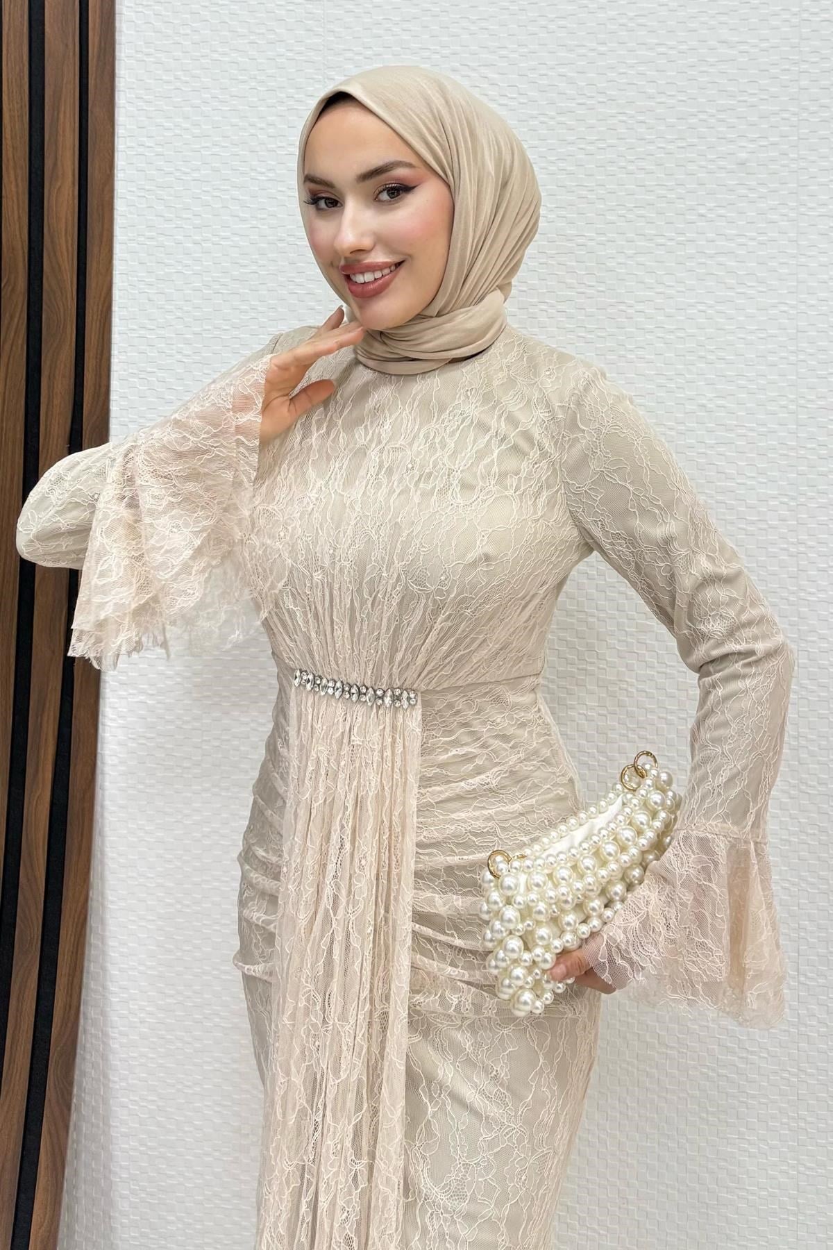 Esmeralda Tül Abiye Bej