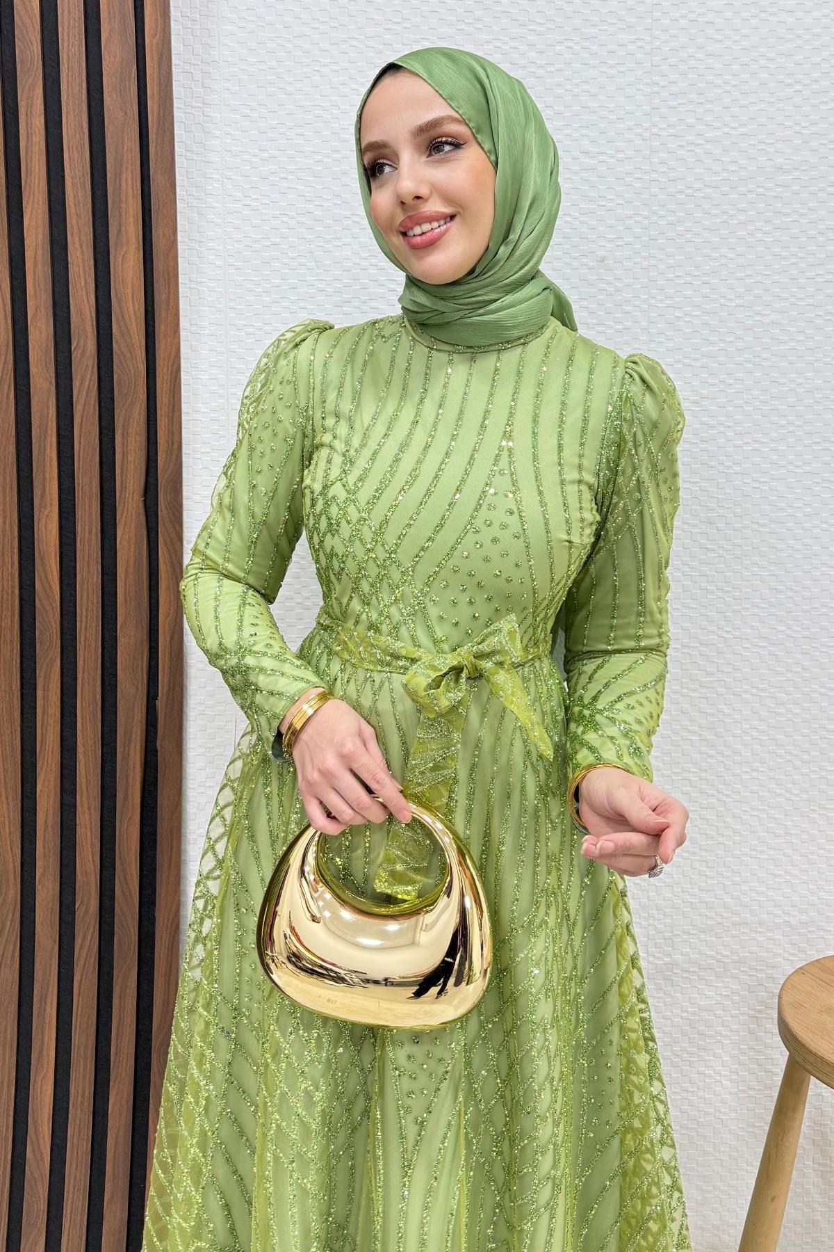 Ezna Simli Abiye Fıstık Yeşil
