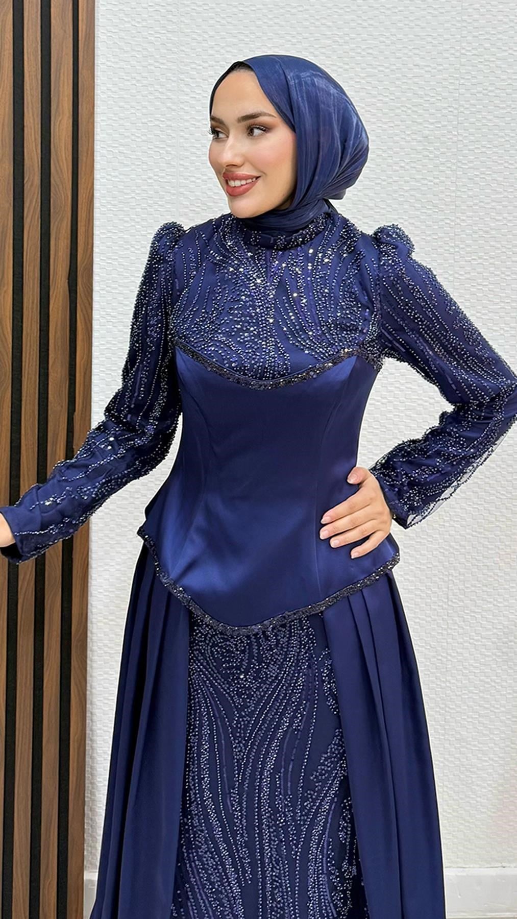 Feriha Korse Detay Abiye Lacivert