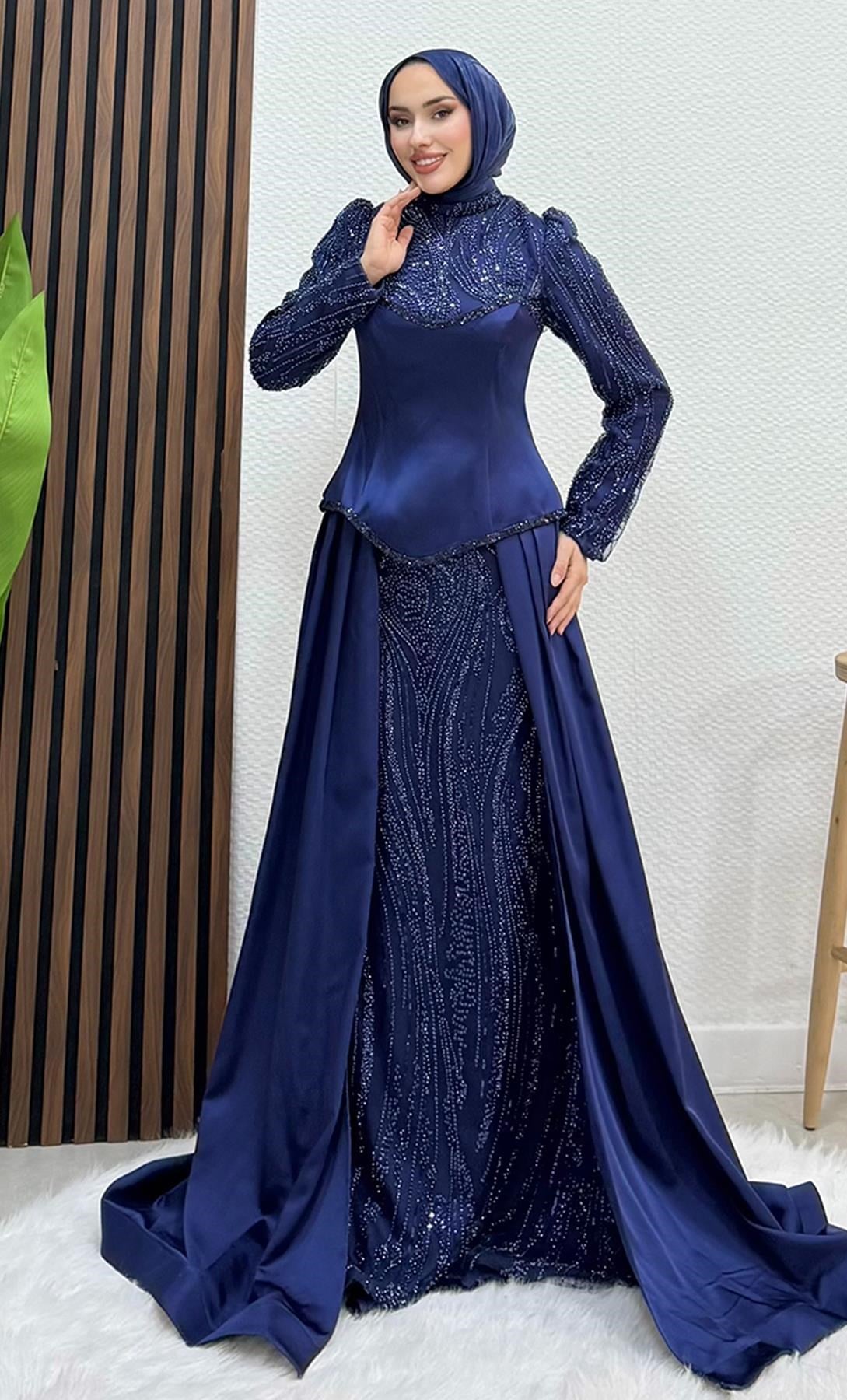 Feriha Korse Detay Abiye Lacivert