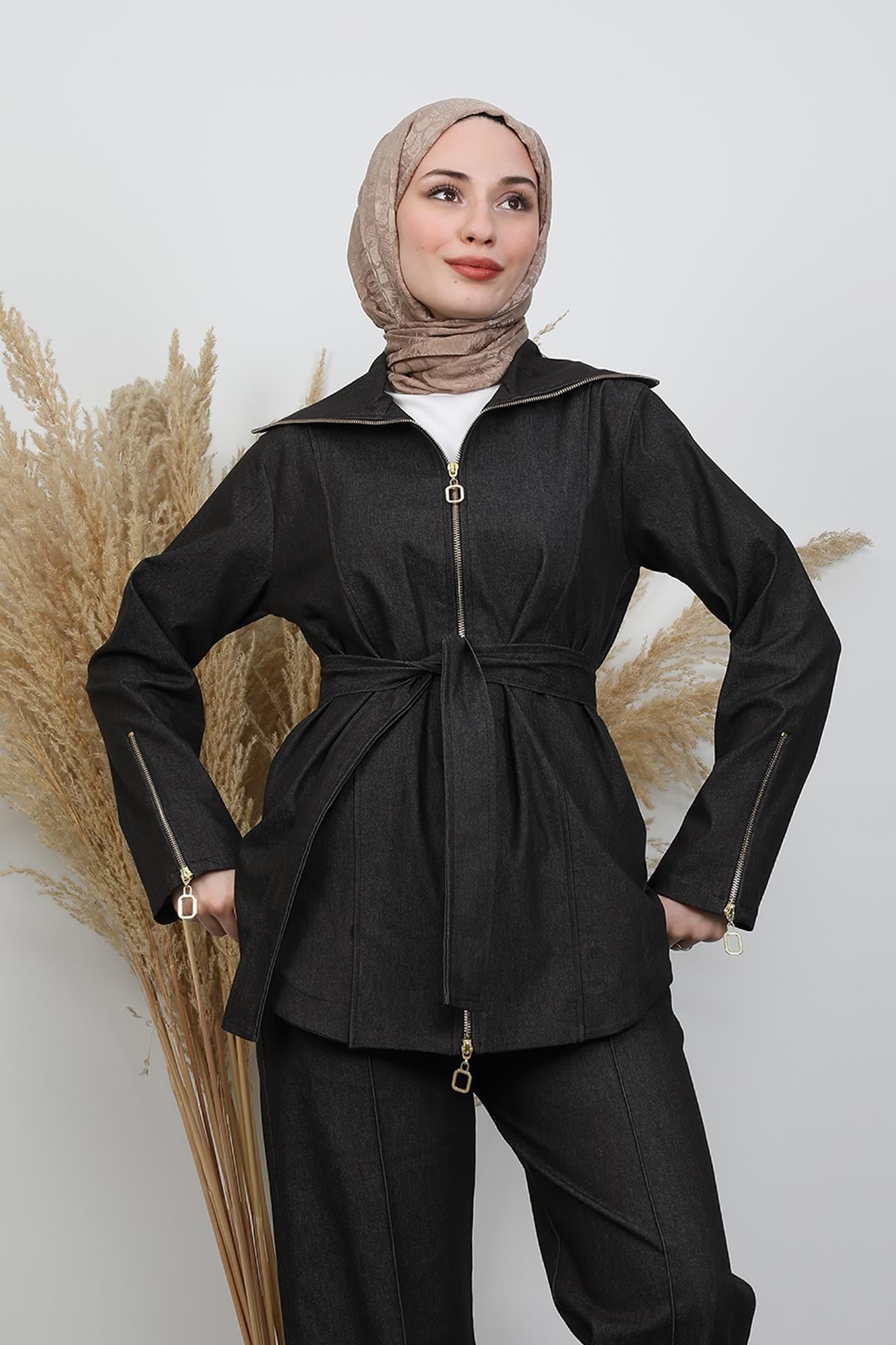 Fermuar Detay Kot Takım Acı Kahve