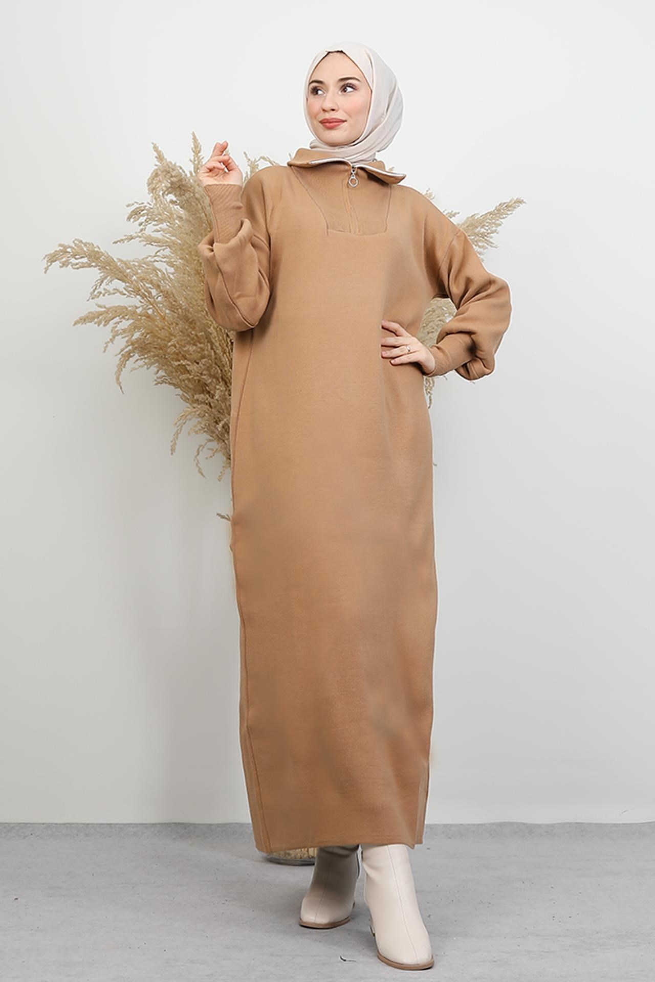 Fermuar Detay Triko Elbise Sütlükahve
