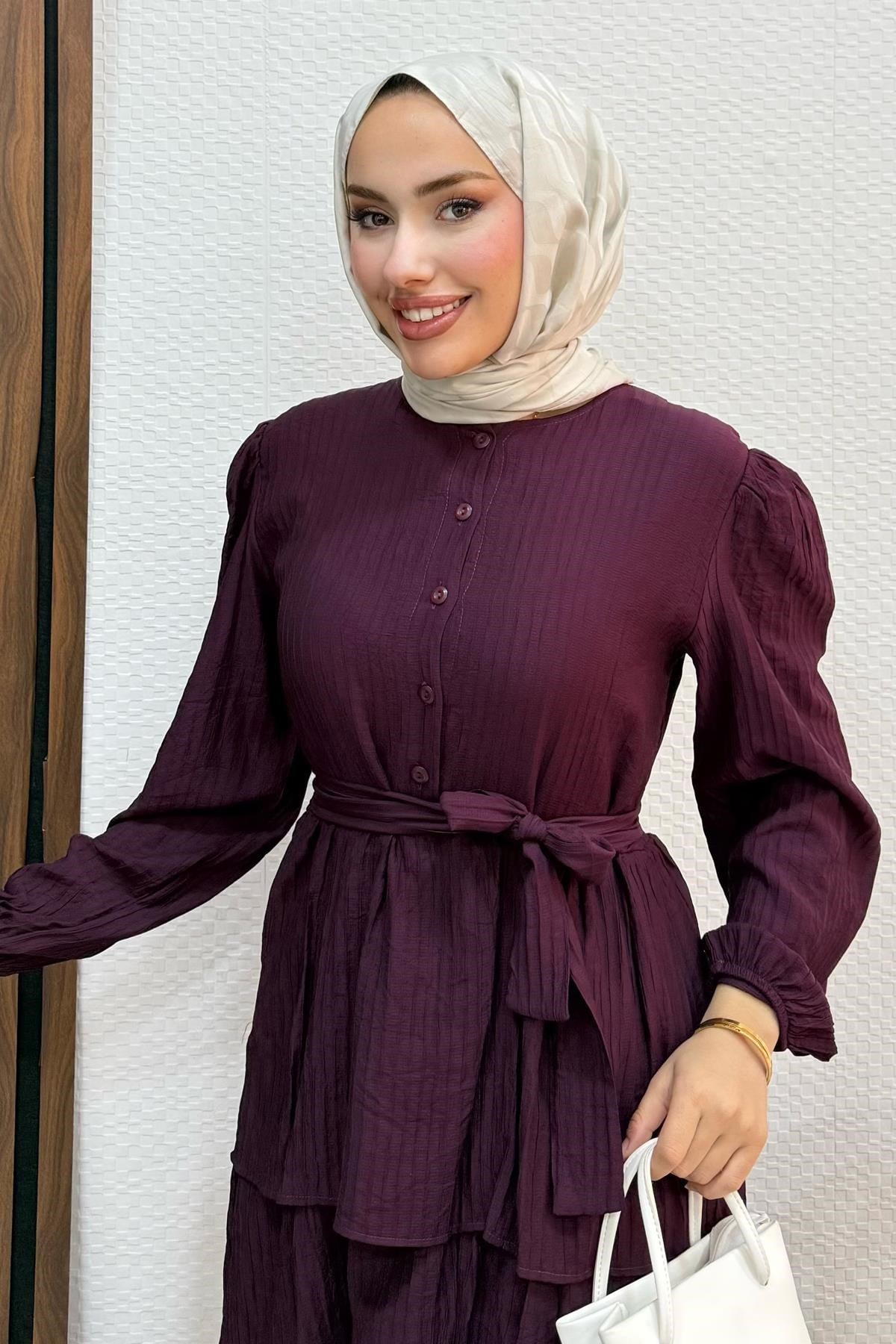 Fırfır Keten Elbise Mürdüm