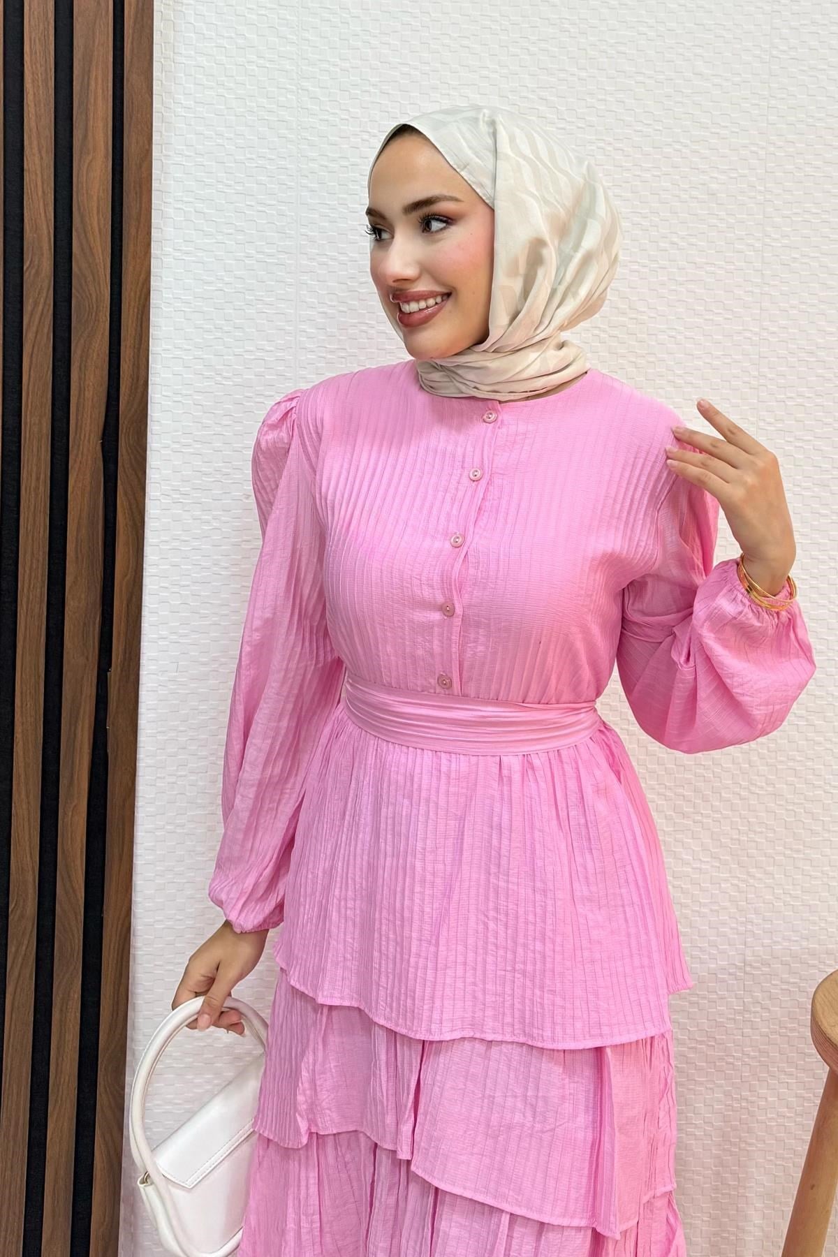 Fırfır Keten Elbise Pembe