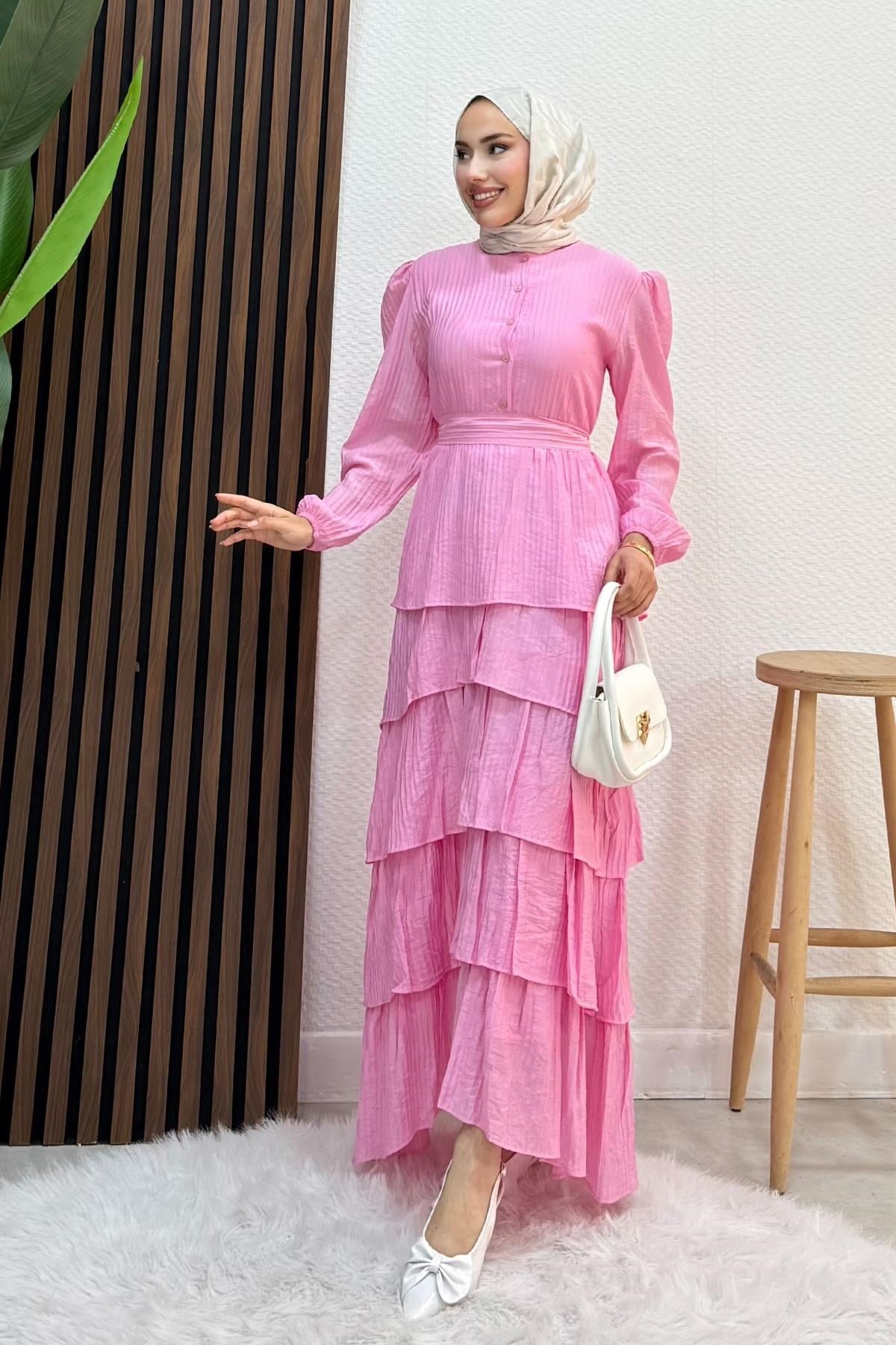 Fırfır Keten Elbise Pembe
