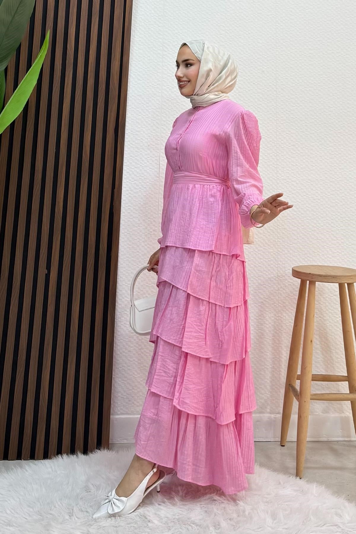 Fırfır Keten Elbise Pembe