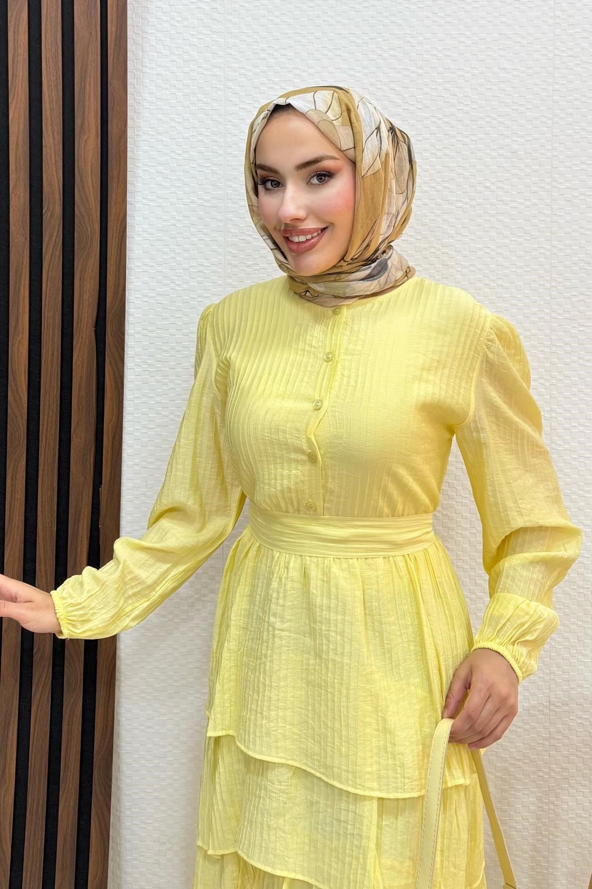 Fırfır Keten Elbise Sarı