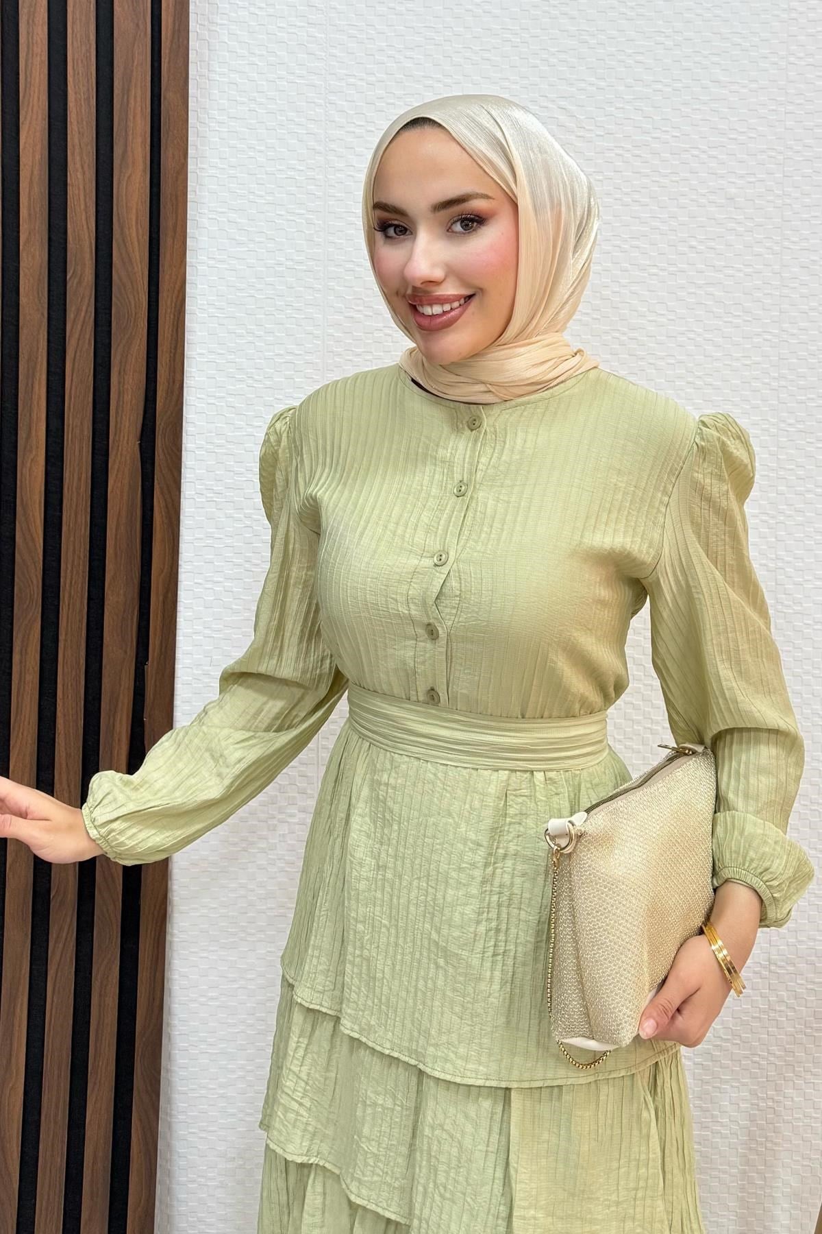Fırfır Keten Elbise Soft Yeşil