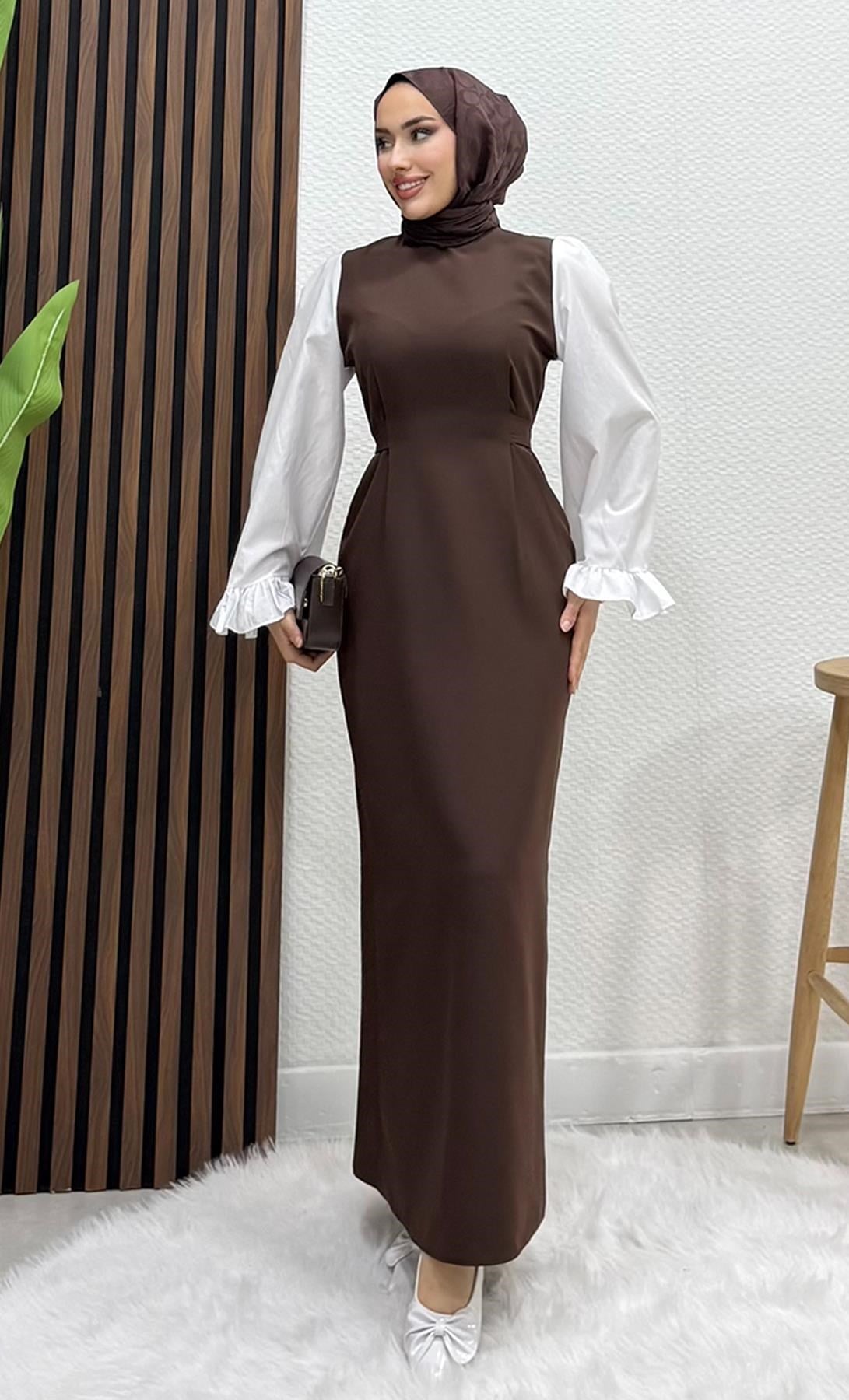 Fırfır Kol Elbise Acı Kahve