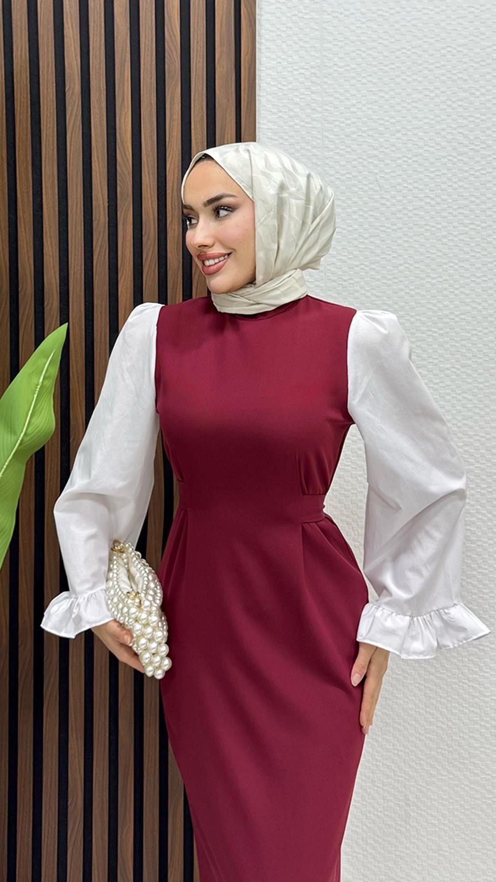 Fırfır Kol Elbise Bordo