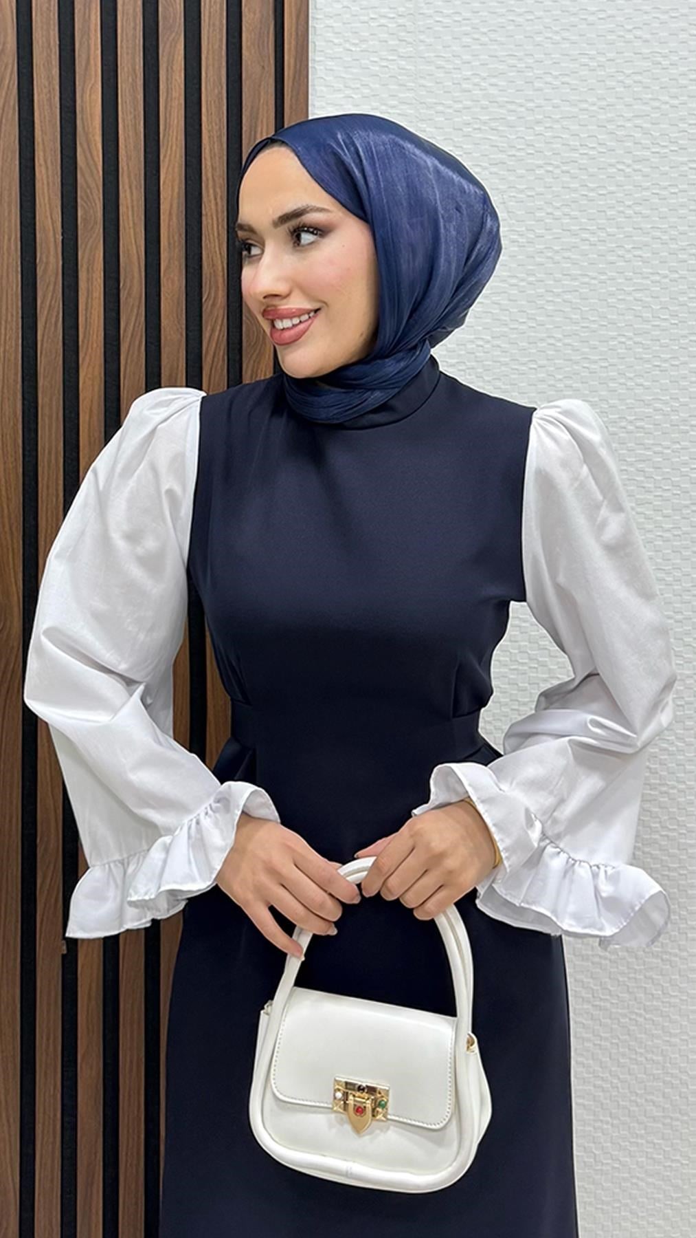 Fırfır Kol Elbise Lacivert