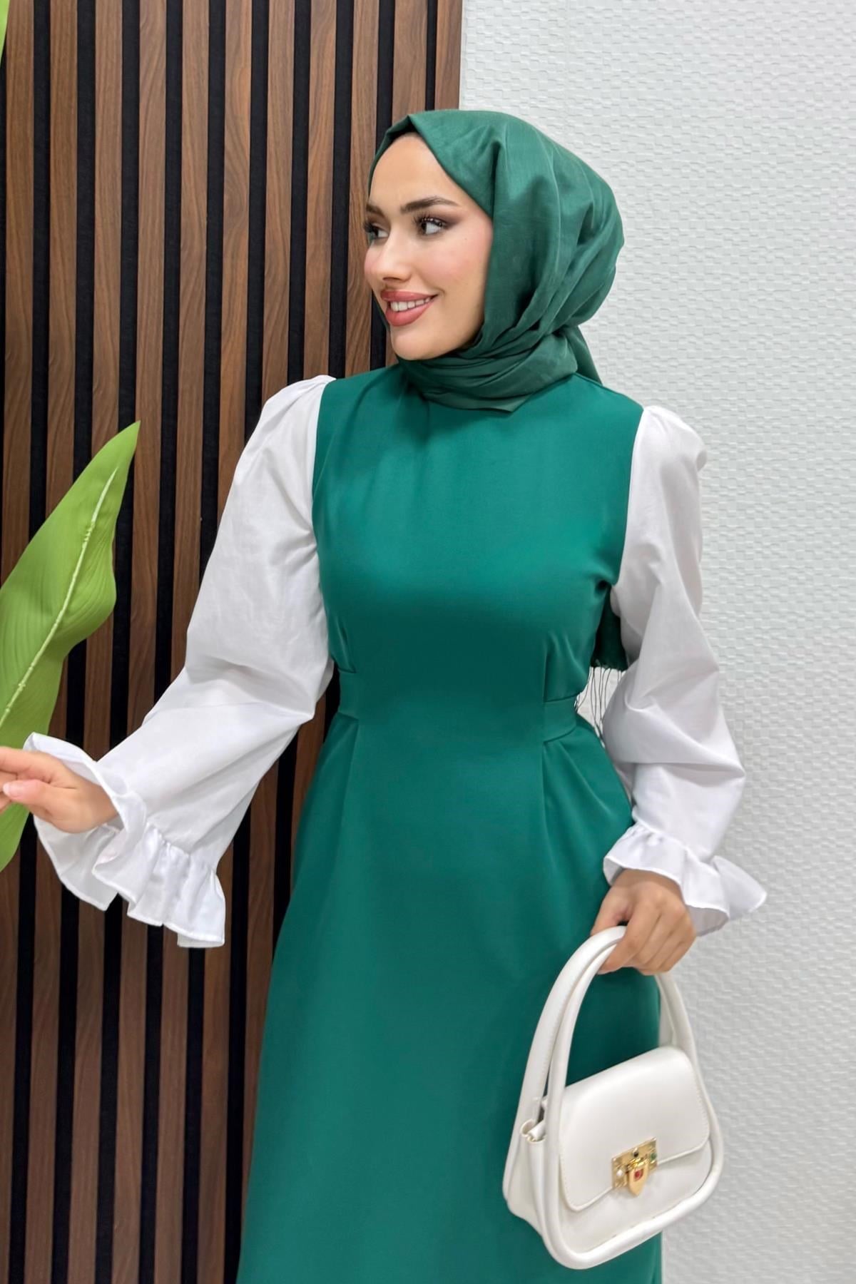 Fırfır Kol Elbise Zümrüt