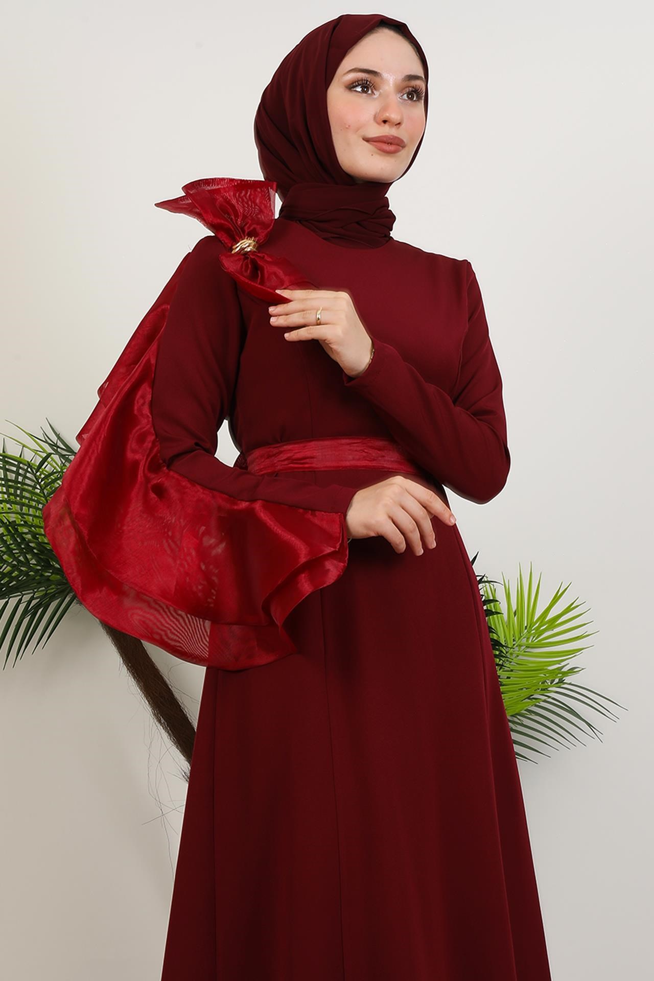 Fiyonk Organze Detay Abiye Bordo