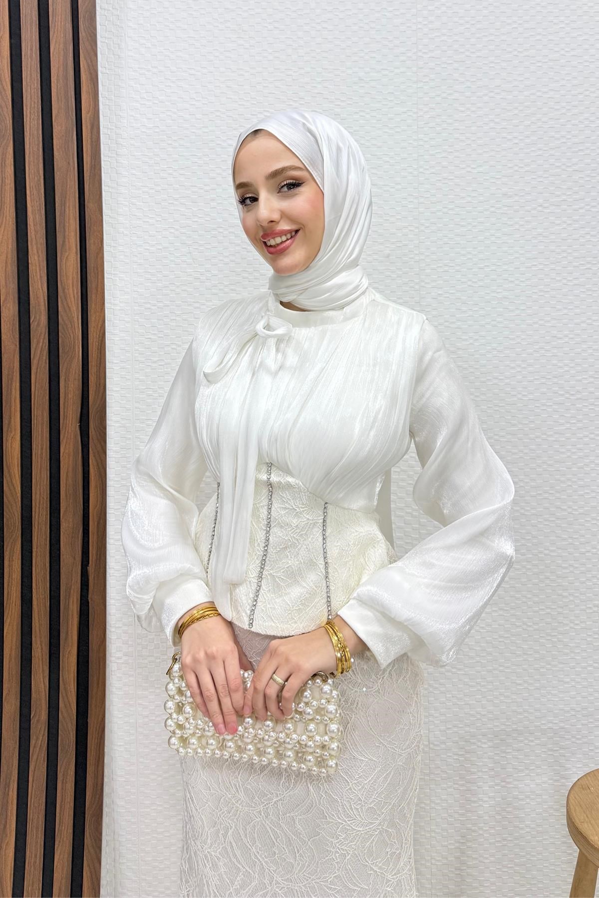 Flarlı Balık Abiye Beyaz