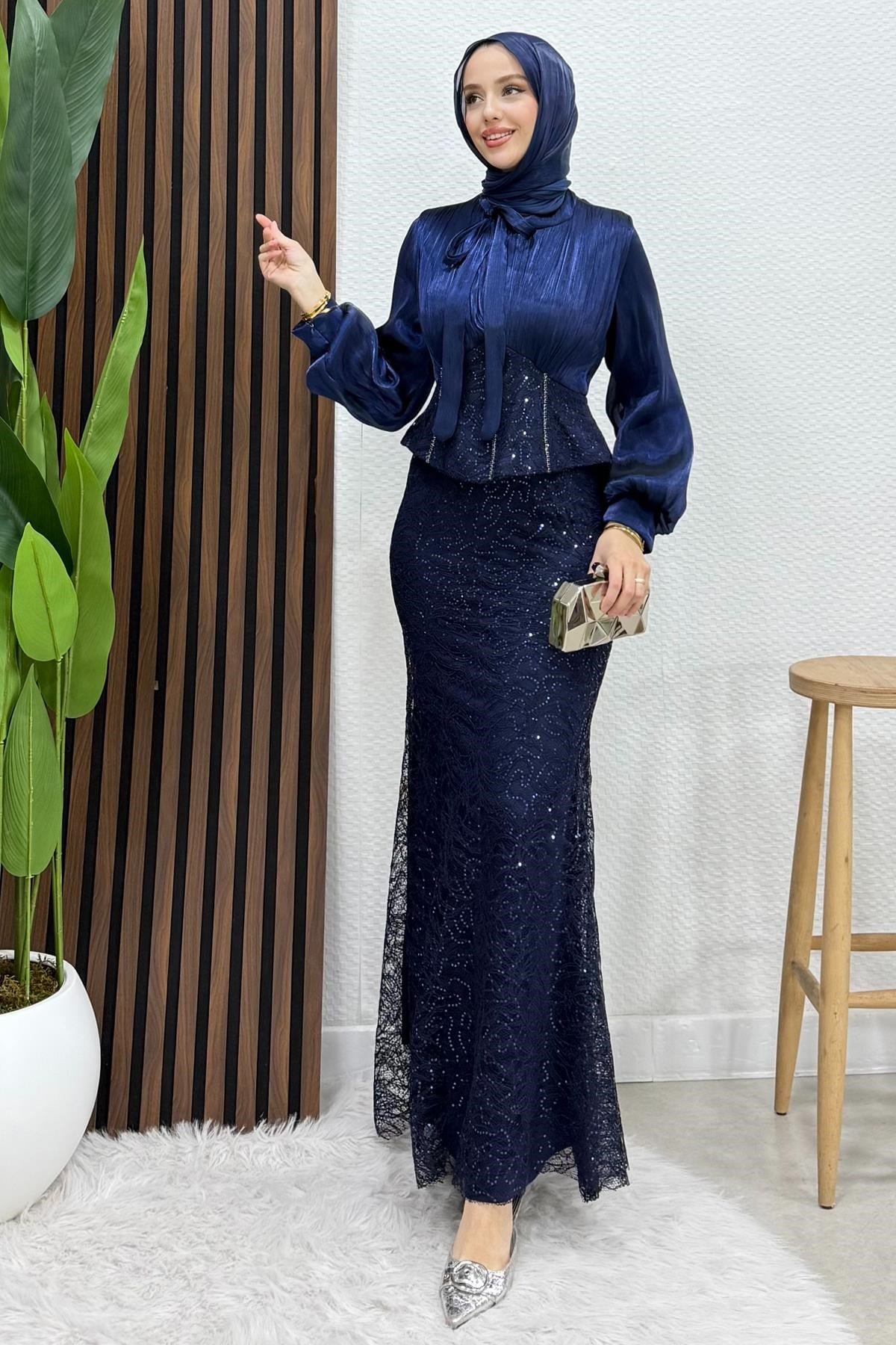Flarlı Balık Abiye Lacivert