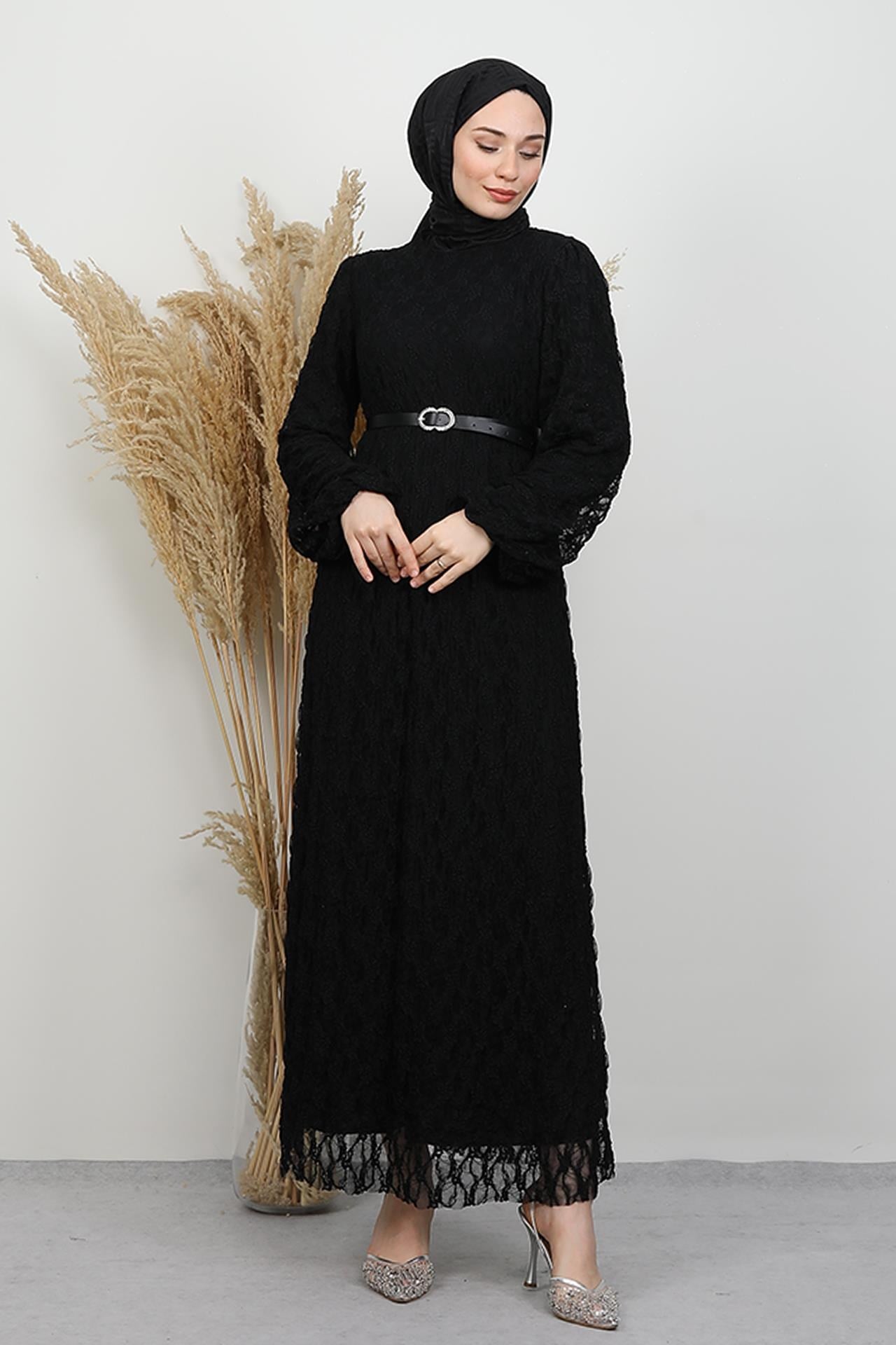 Flora Dantel Elbise Siyah