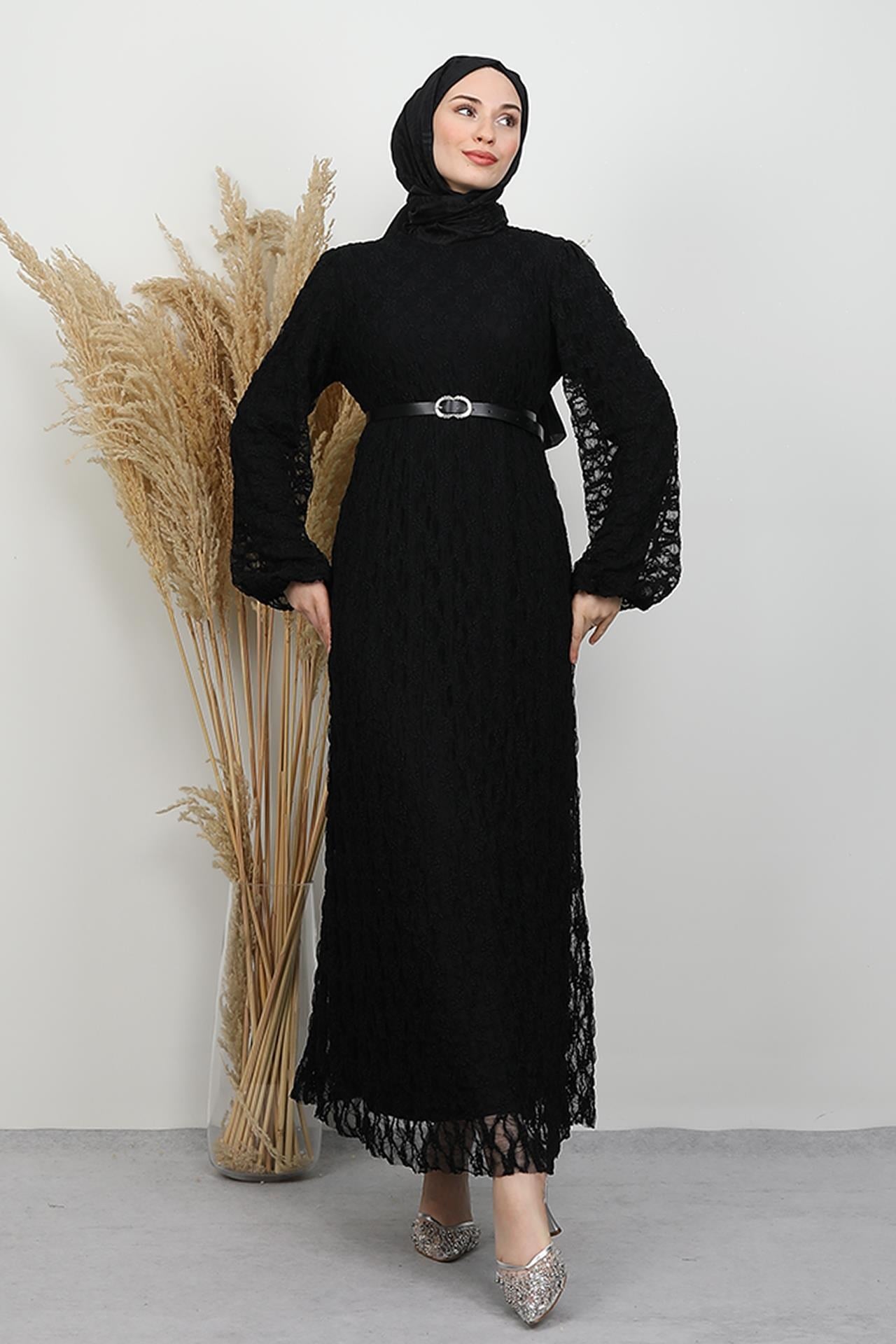 Flora Dantel Elbise Siyah