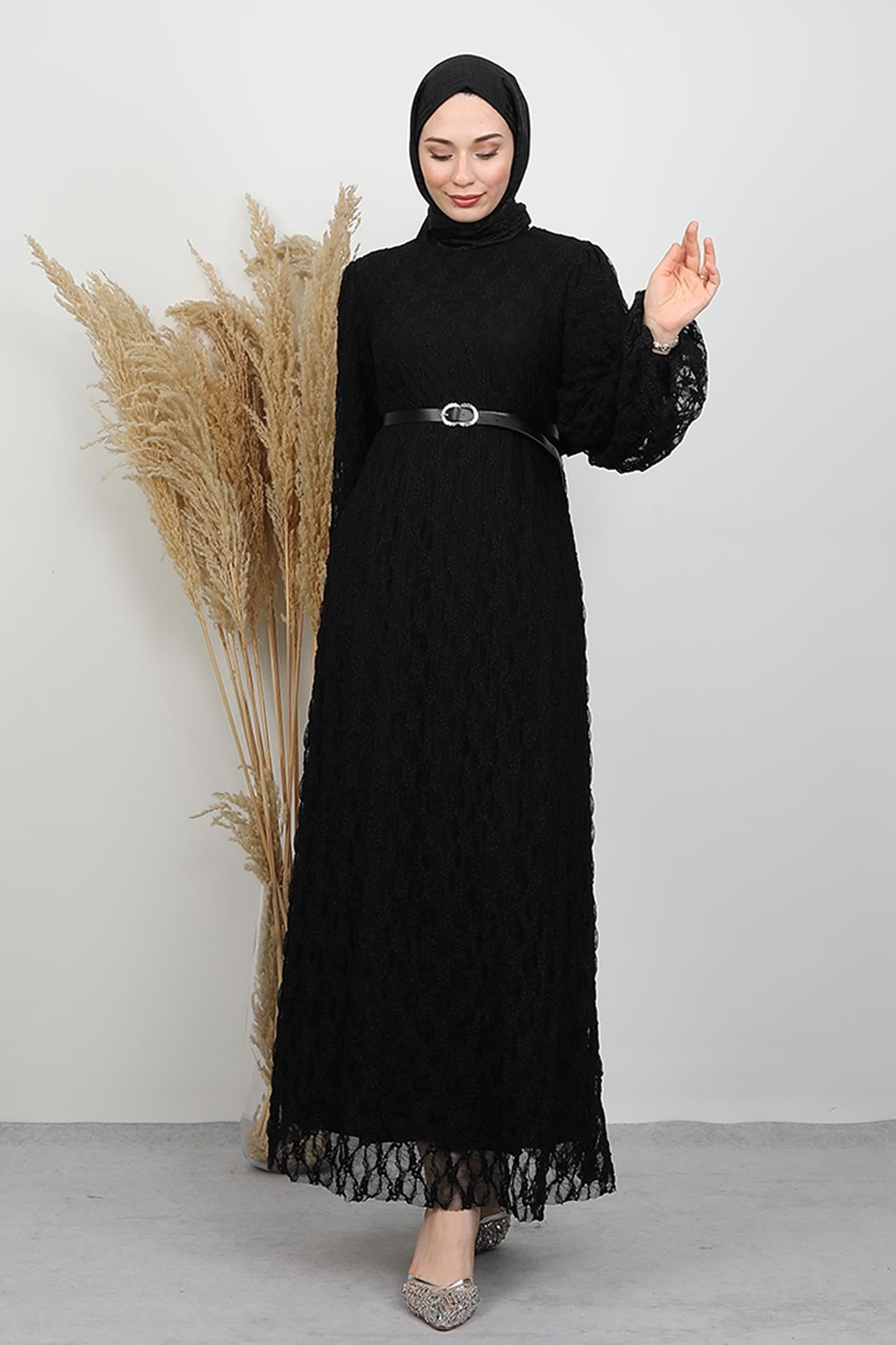 Flora Dantel Elbise Siyah