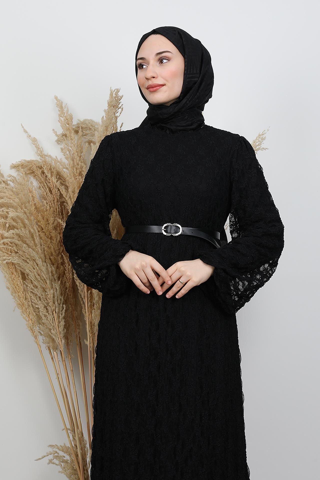 Flora Dantel Elbise Siyah